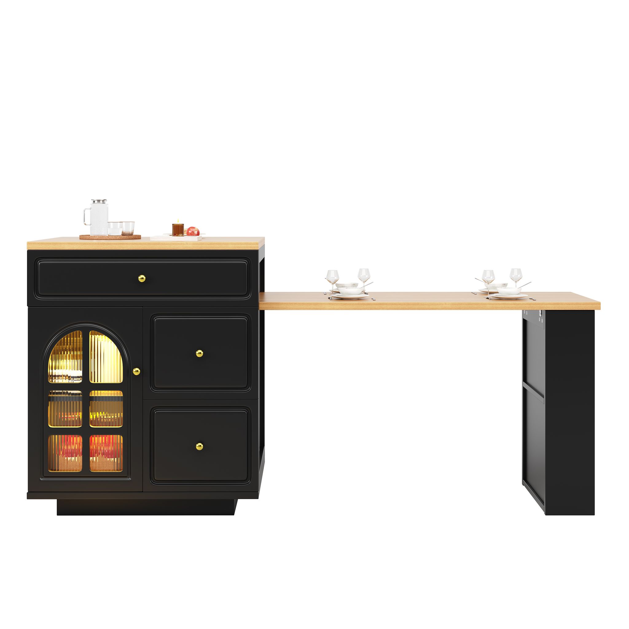 Ausziehbare Kücheninsel Mit 4 Schubladen, Glastür Und Rgb-led, Mdf Schwarz, 122.5-195.5 X 59 X 93.5 Cm