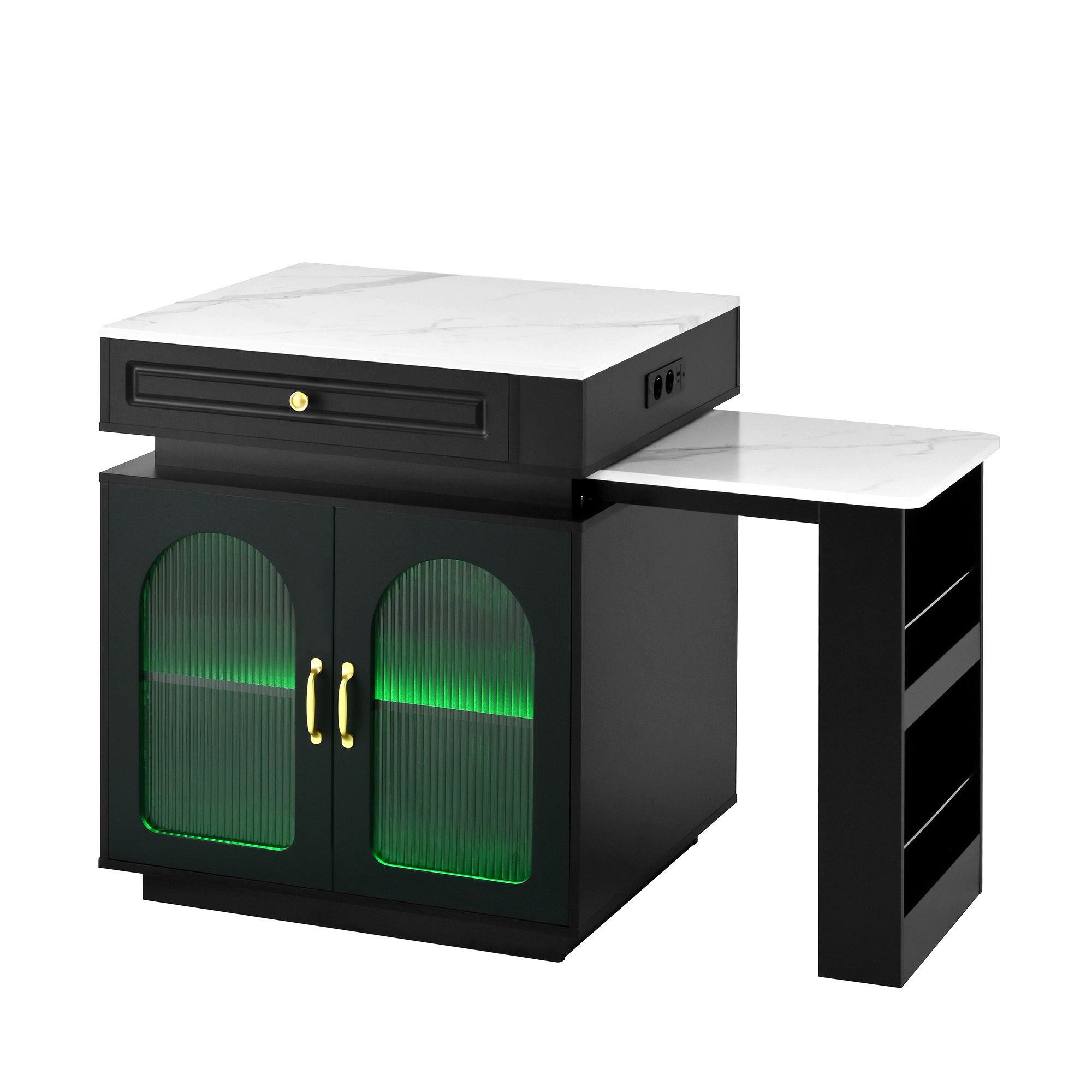 Ausziehbare Kücheninsel Mit Stauraum, Led Und Usb Für 2 Bis 4 Personen, Mdf Schwarz, 128 Bis 200 X 71 X 92 Cm
