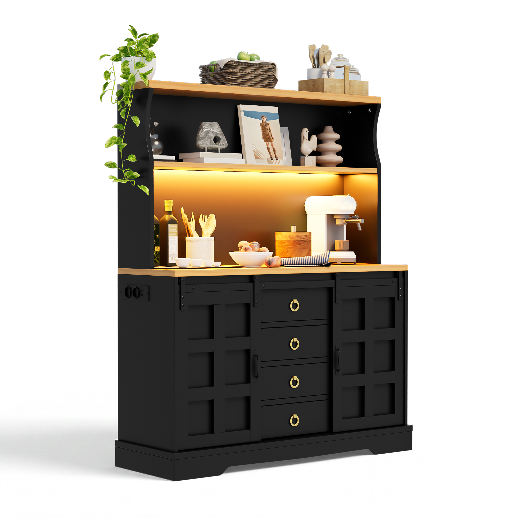 Küchenhochschrank Mit 2 Schiebetüren, 4 Schubladen, Rgb-led, Steckdosen Und Usb, Mdf Schwarz, 120x40x150 Cm