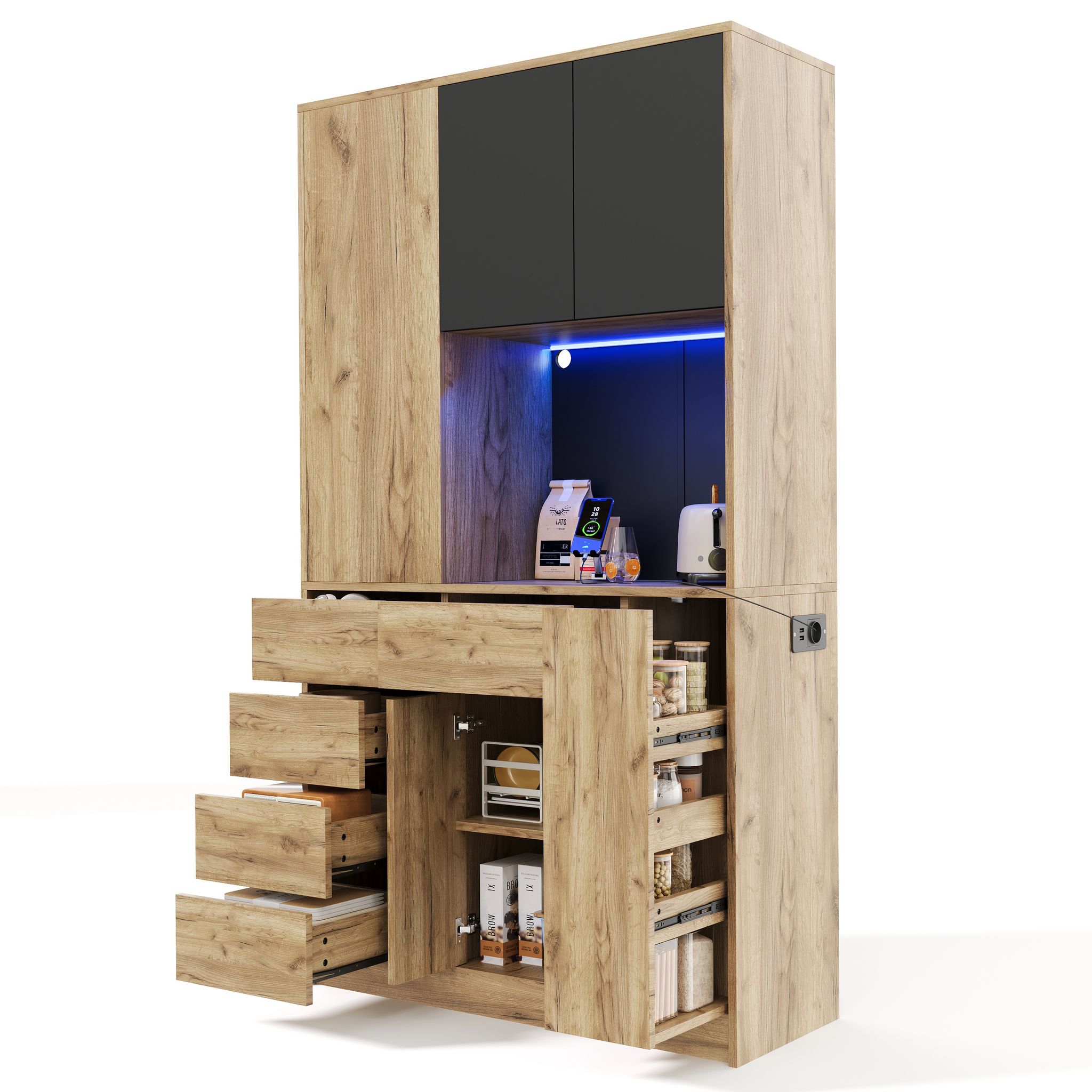 Küchenhochschrank Mit Ausziehbarem Gewürzregal, Verstellbaren Böden, Led Und Steckdosen, Mdf Schwarz Natur, 105 X 40 X 185 Cm