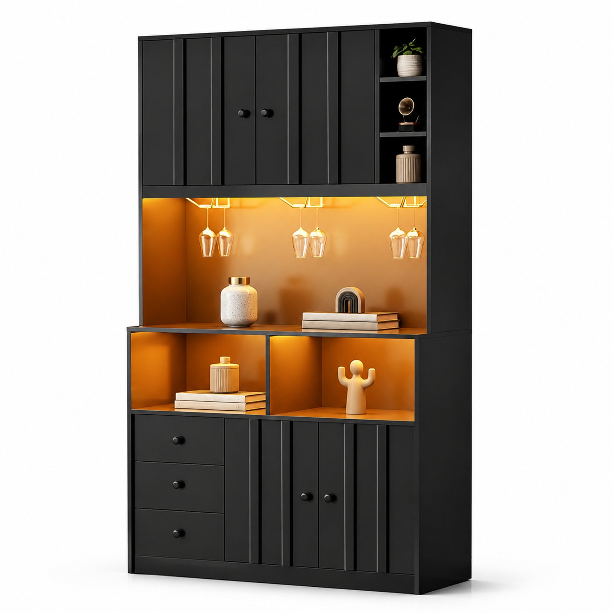 Küchenhochschrank Mit Vitrine, 3 Weinglashaltern, Verstellbarem Regal, Rgb-led Und Steckdosen, Mdf Schwarz, 100 X 40 X 180 Cm