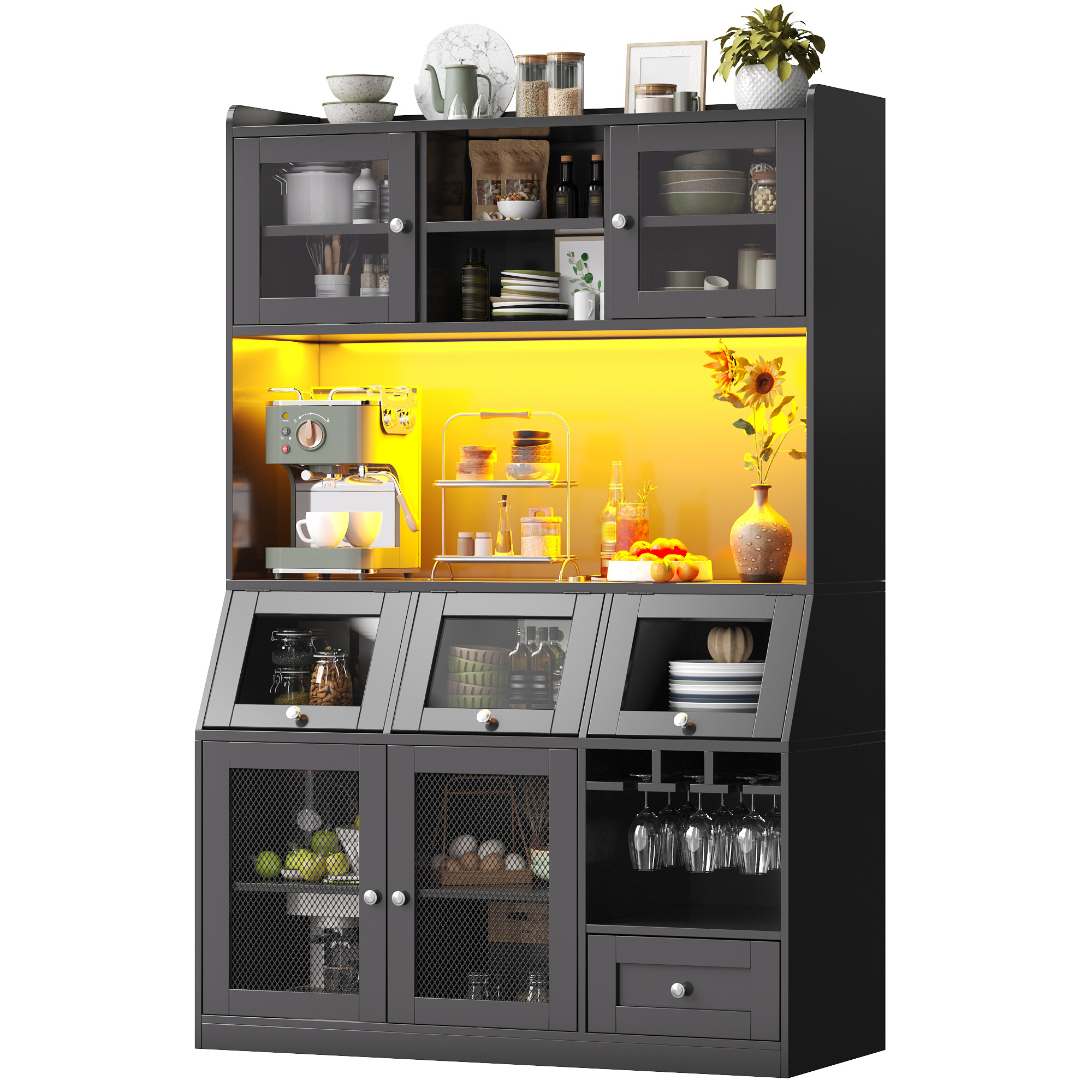 Küchenhochschrank Mit Glastür, Schublade, Verstellbaren Böden, Led Und Usb, Mdf Schwarz, 120 X 40 X 181.7 Cm