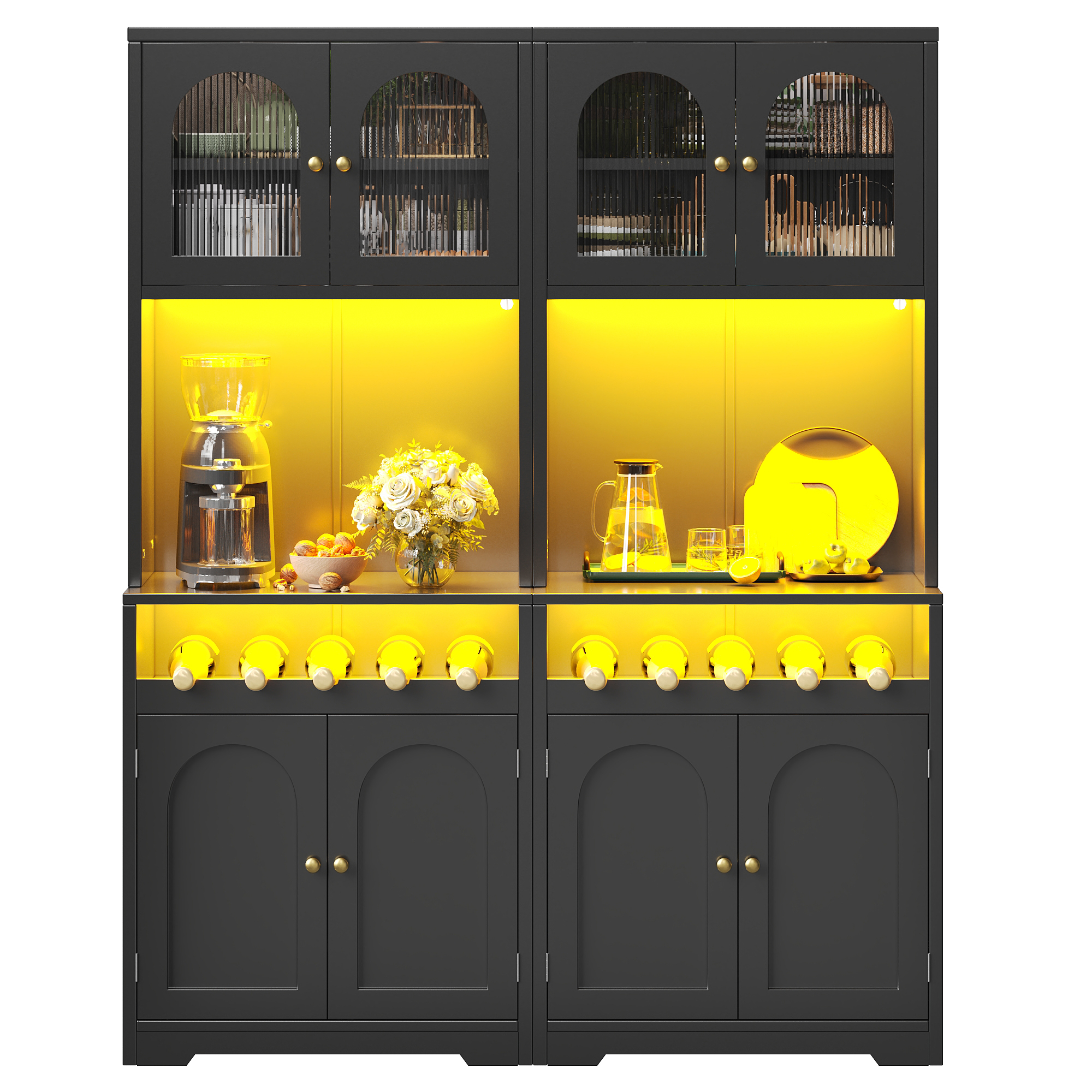 Hochschrank Set Mit 2 Vitrinentüren, Verstellbaren Einlegeböden, Flaschenhalter Und Mehrfarbiger Led, Mdf Schwarz, 140 X 38.3 X 180 Cm