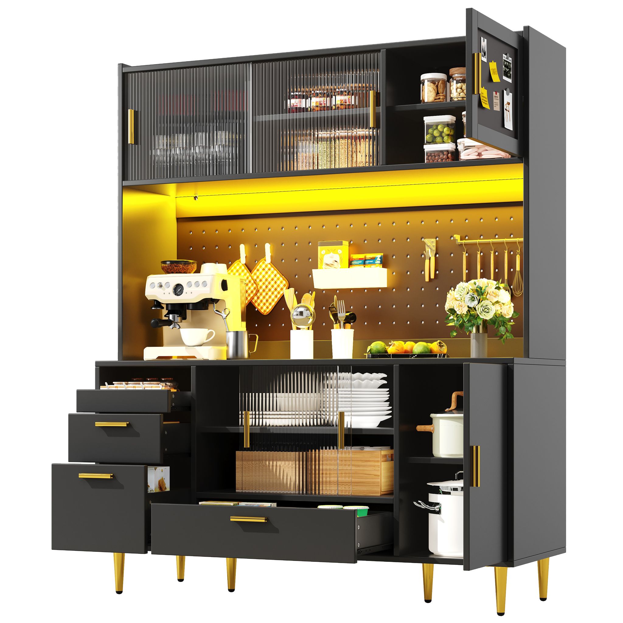 Küchenbuffet Mit Glasschiebetüren, Schubladen, Verstellbaren Einlegeböden Und Led, Mdf, 140 X 40 X 180 Cm, Schwarz