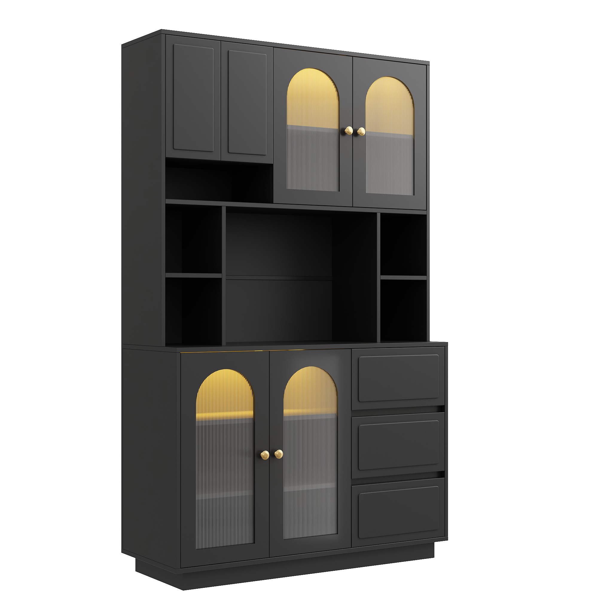 Hoher Küchenschrank Mit 4 Acryltüren, 3 Schubladen, Verstellbaren Einlegeböden Und Led, Mdf Schwarz, 106 X 30 X 175 Cm