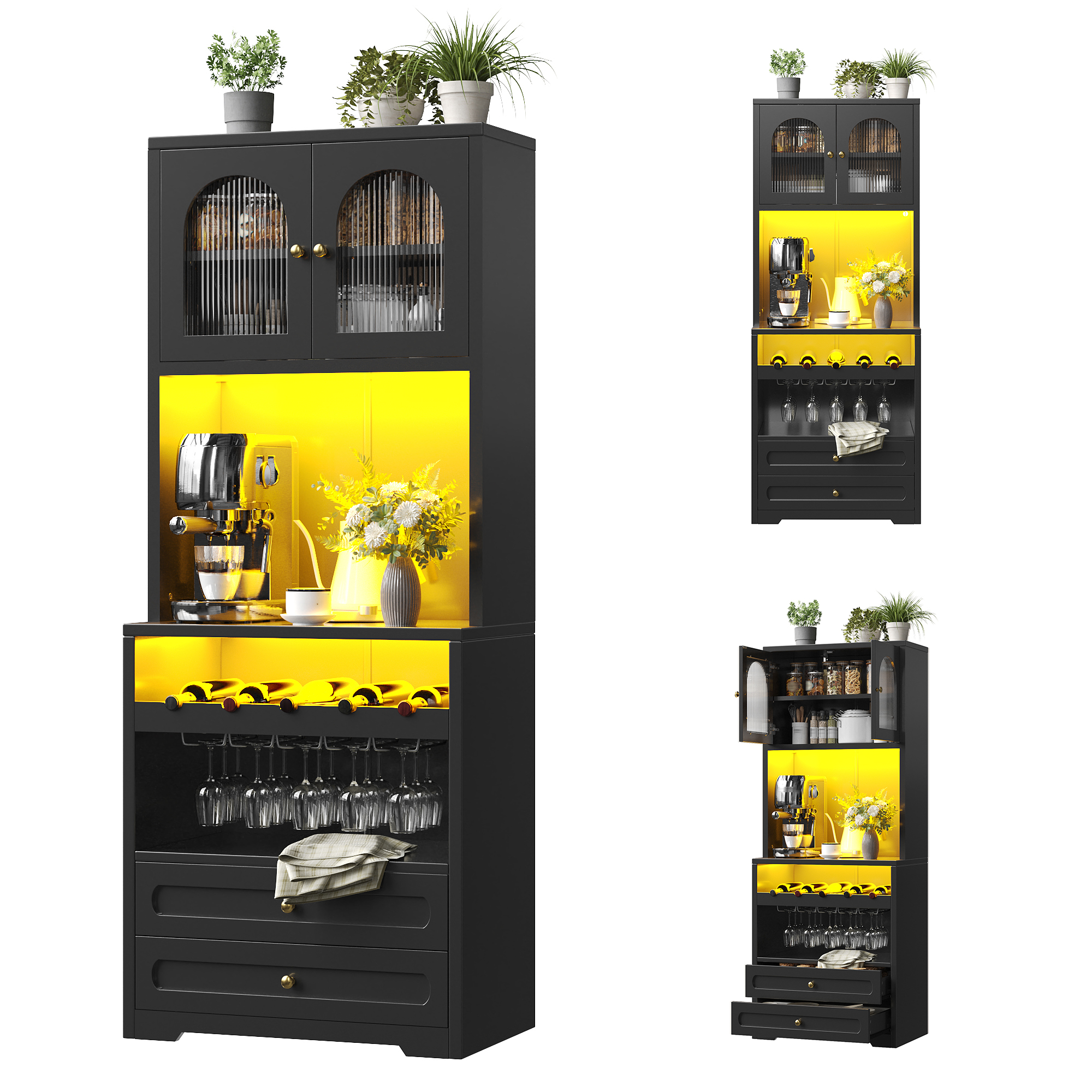 Küchenhochschrank Mit Verstellbaren Böden, Led, Weinregal Und Usb, Aus Mdf Schwarz, 140x40x180 Cm