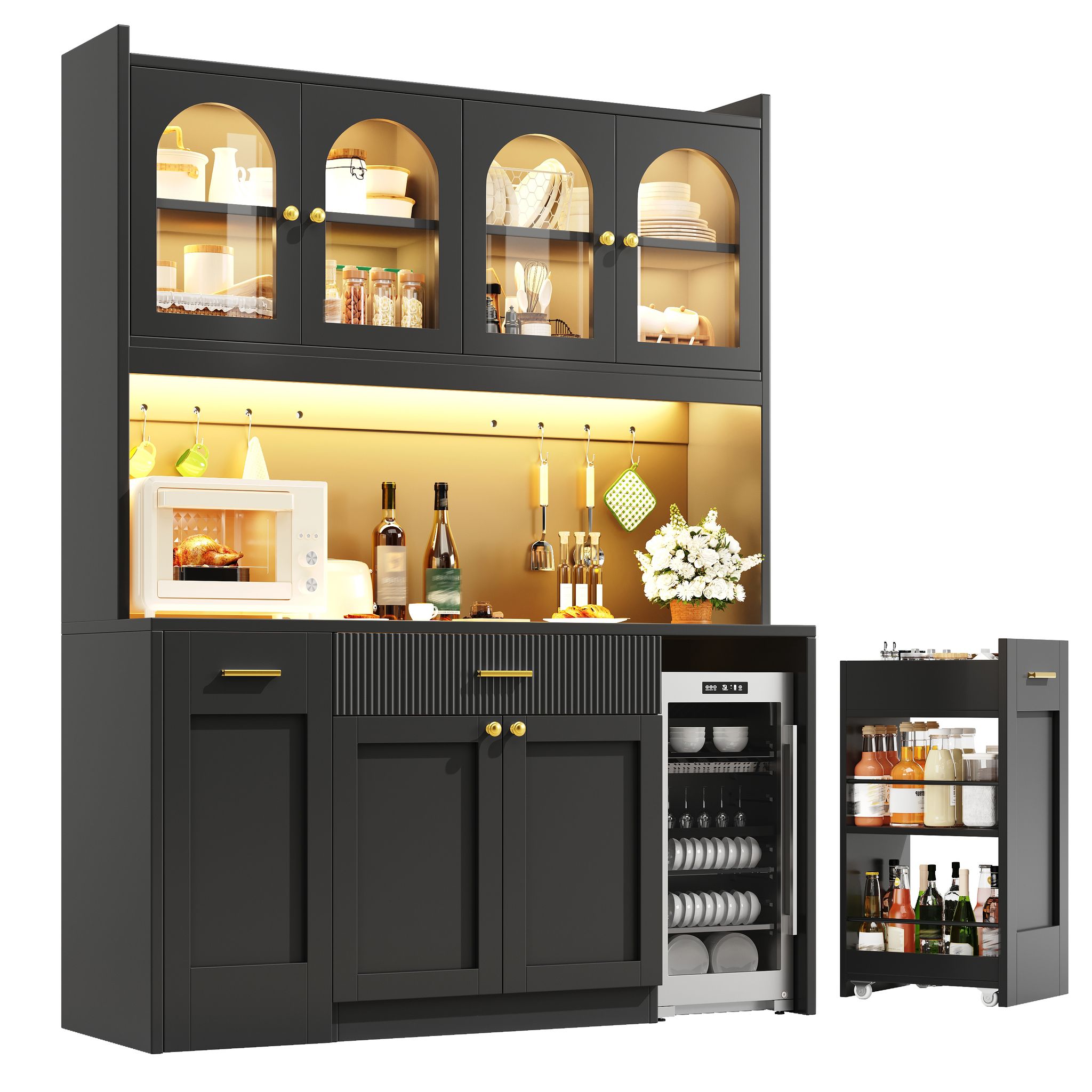 Küchenhochschrank Mit 3 Glasvitrinen, Schubladen, Rgb-led Und Ausziehablagen Aus Mdf Schwarz 120 X 40 X 187 Cm