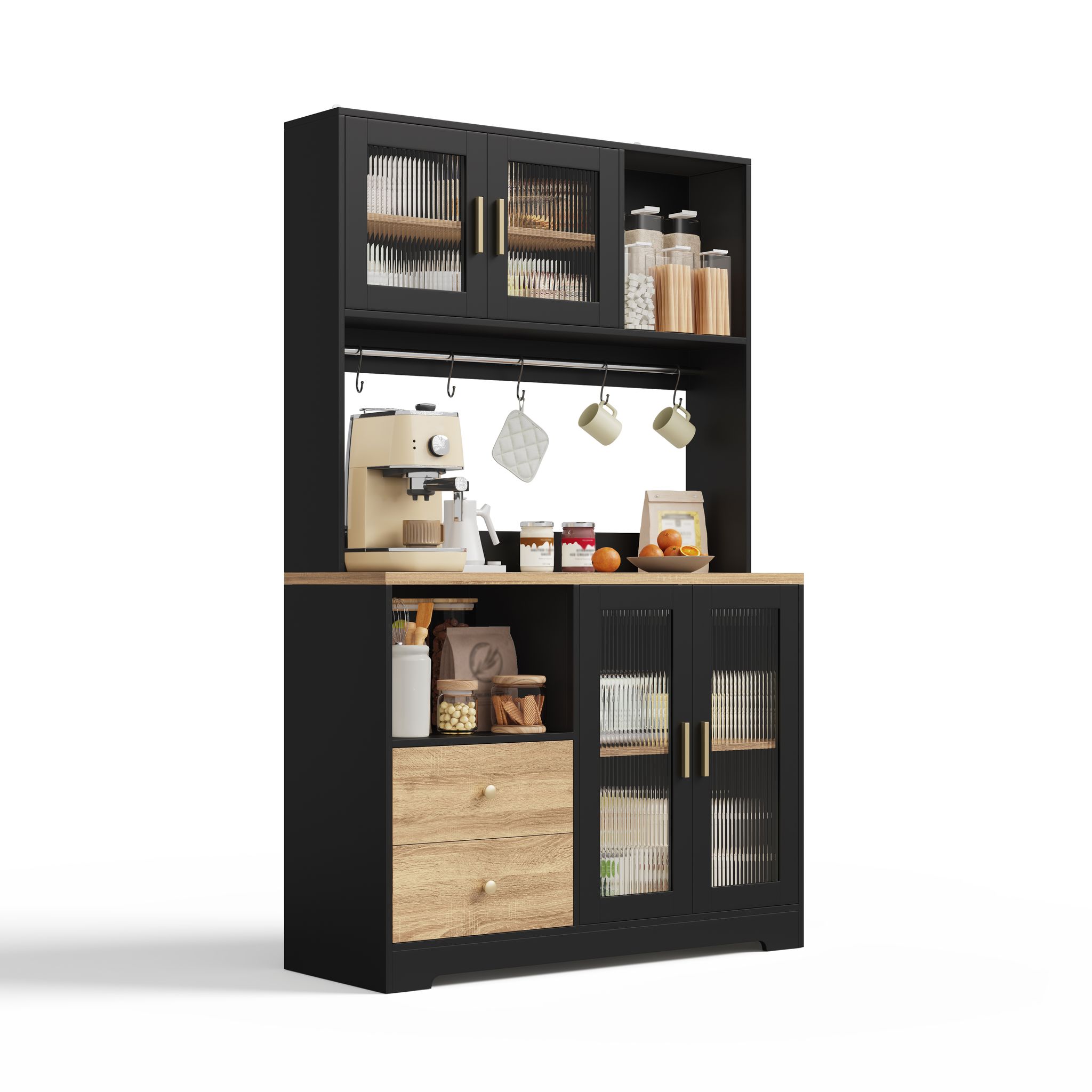 Küchenhochschrank Mit 4 Glastüren Verstellbaren Einlegeböden Led Und Steckdosenleiste Mdf Schwarz 110 X 40 X 178 Cm