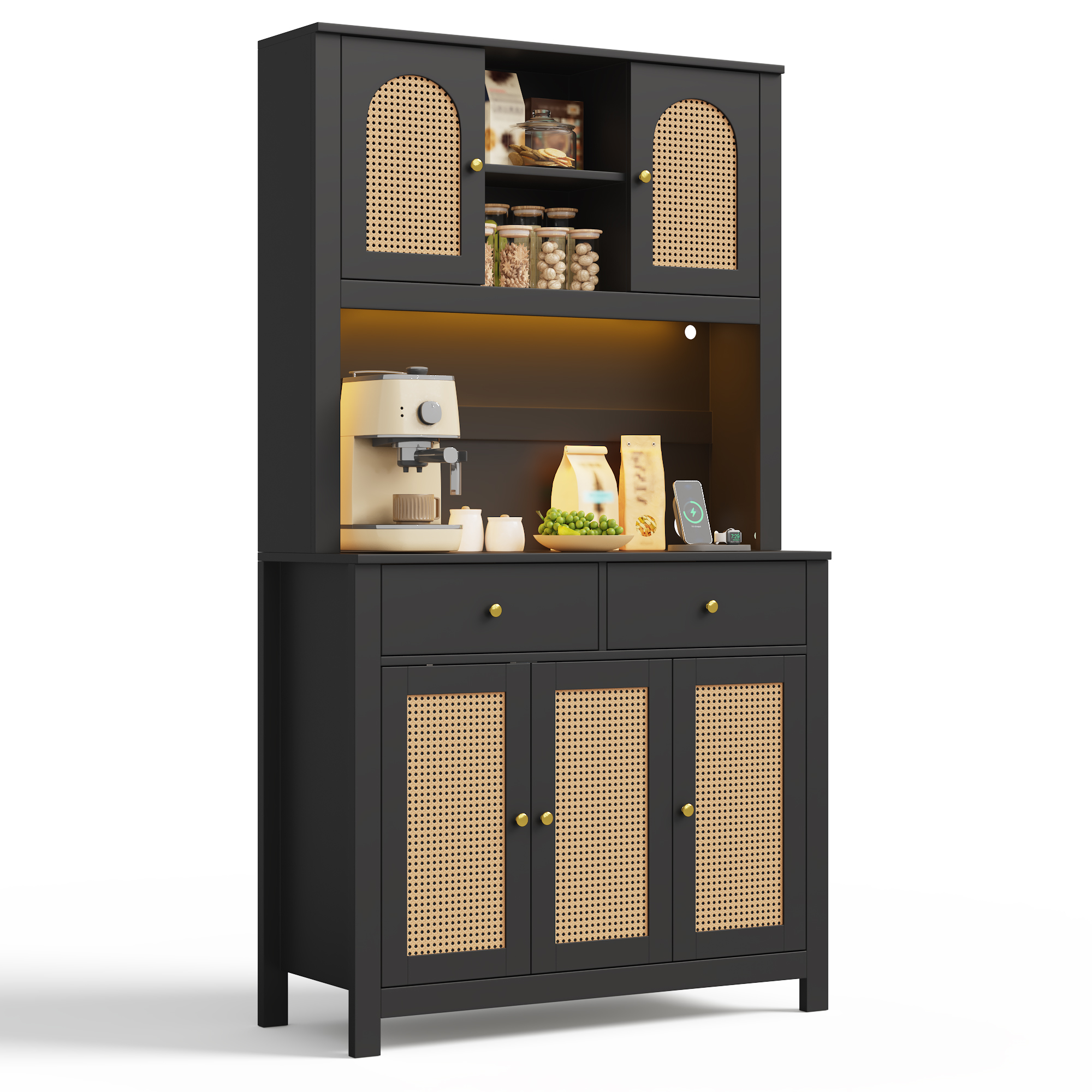 Küchen-hochschrank Mit 5 Rattantüren, 2 Schubladen, Rgb-led Und Steckdosenleiste, Mdf Schwarz, 100 X 40 X 180 Cm