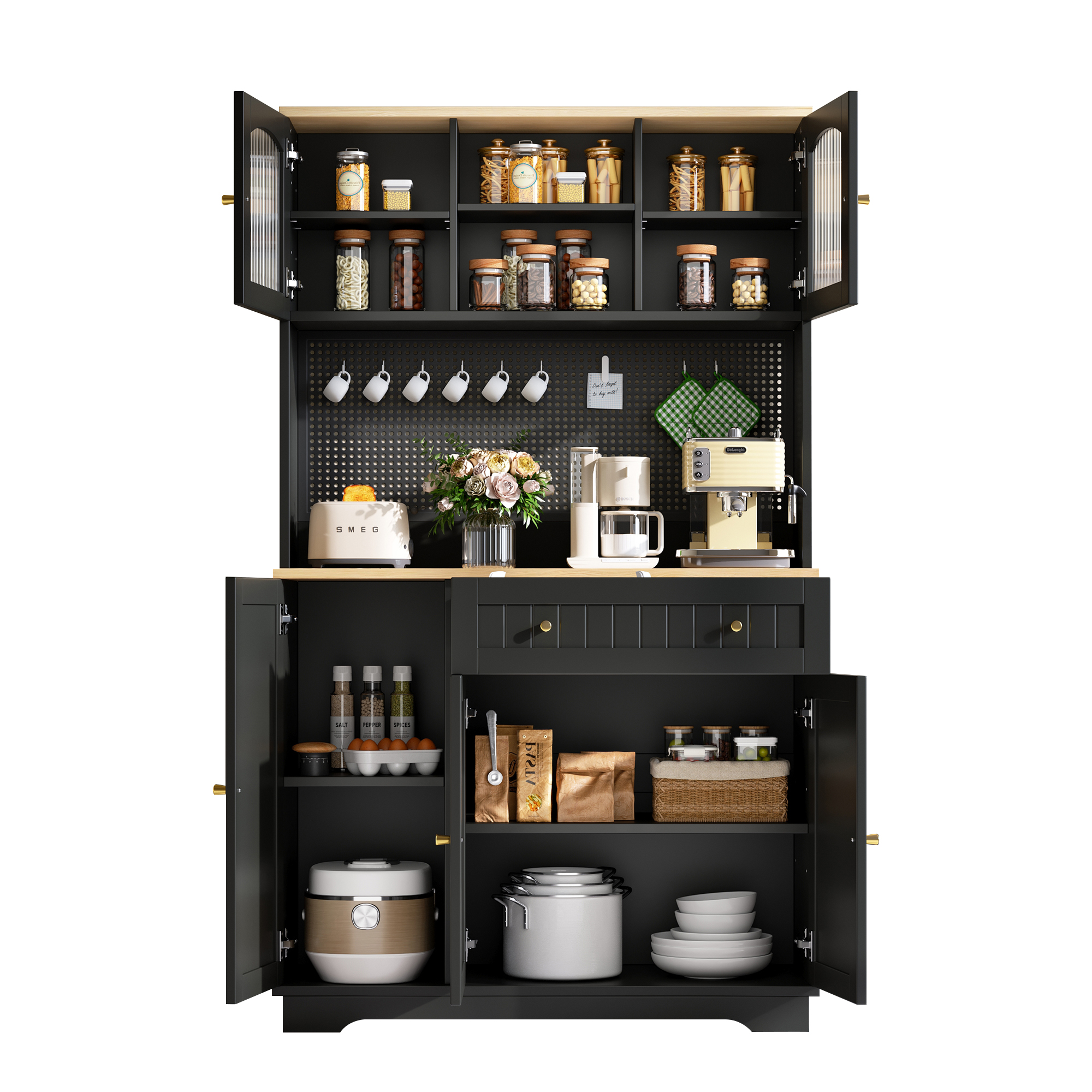 Küchen Hochschrank Mit 1 Schublade, Verstellbaren Einlegeböden Und Lochblech, Aus Spanplatte, 103.5 X 40 X 180 Cm, Schwarz
