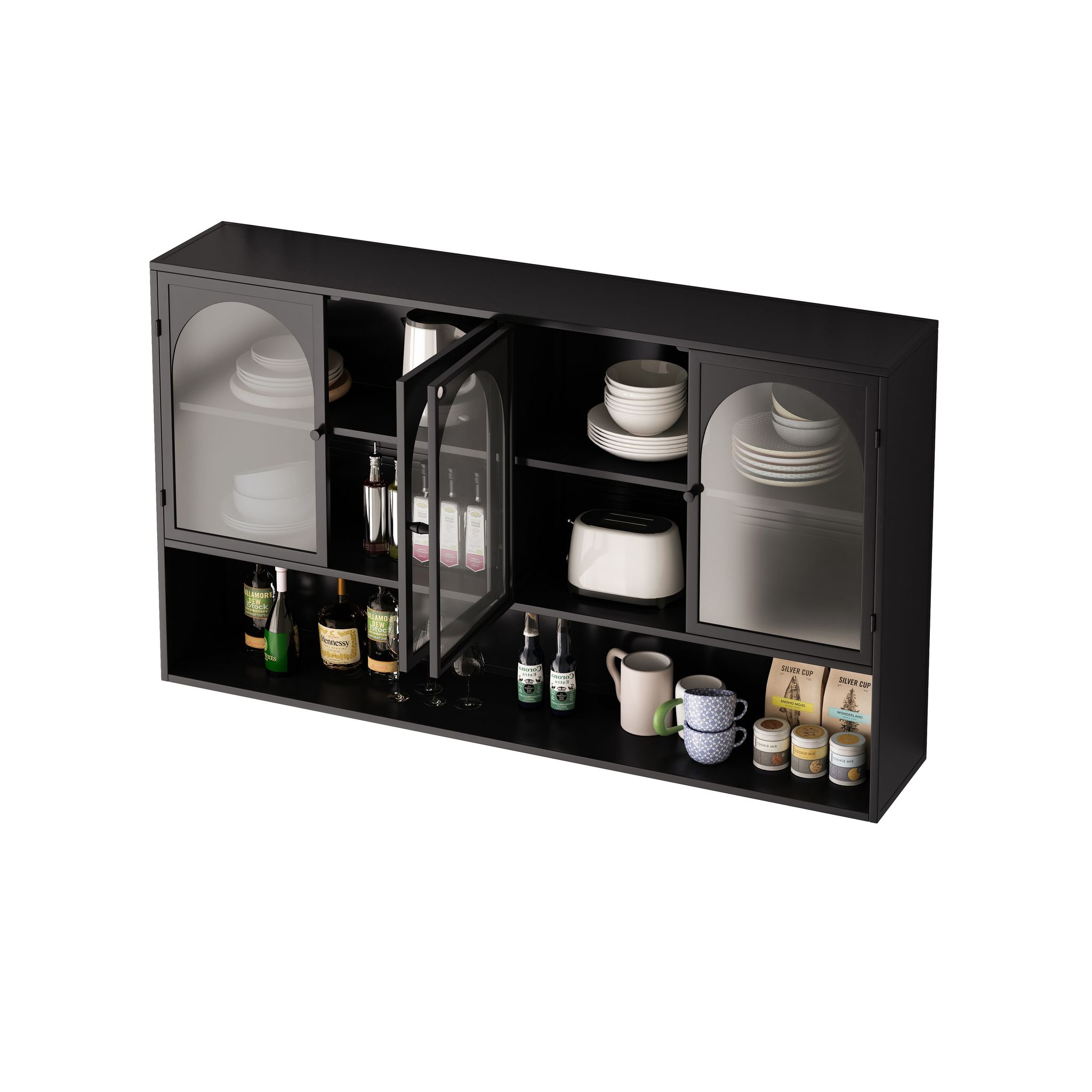 Wandschrank Mit 4 Türen Aus Grauglas, Stauraum Für Küche Und Wohnzimmer, Metall Schwarz, 120 X 23 X 70 Cm