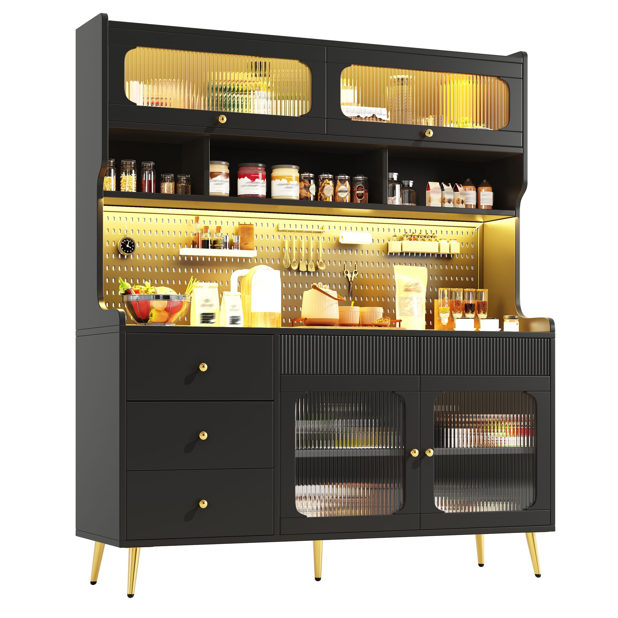 Küchenhochschrank Mit Hubtür, Rgb-led Und Lochplatte, Aus Mdf Und Glas, Schwarz, 145 X 39 X 171 Cm
