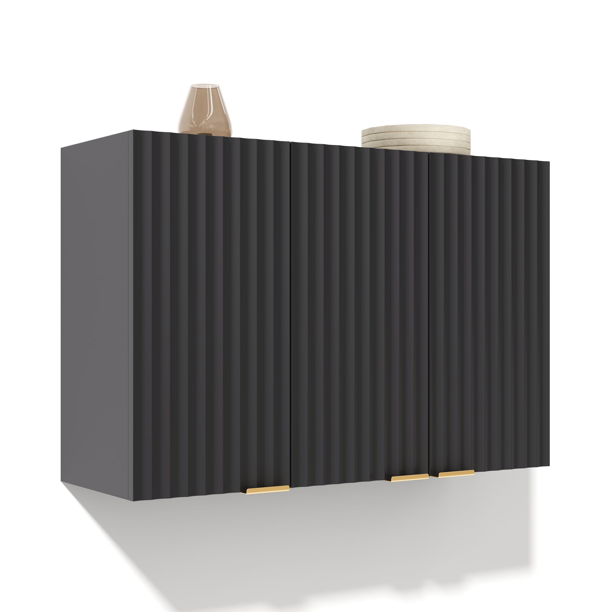 Küchen Wandschrank Mit 3 Strukturierten Türen Und Goldfarbenen Griffen, Aus Mdf, 90 X 29 X 60 Cm, Schwarz