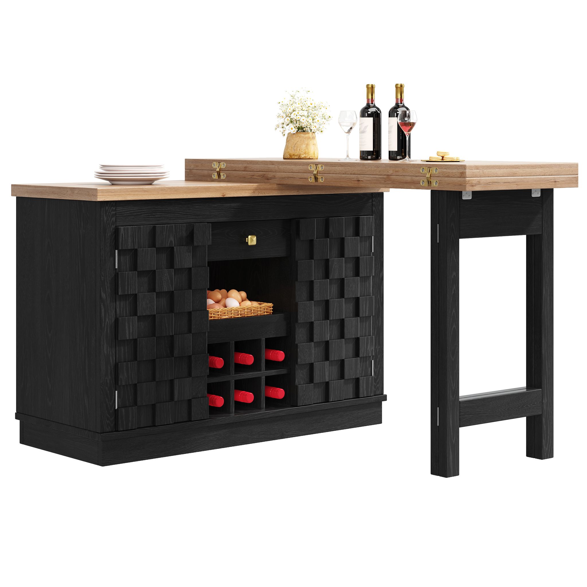 Kücheninsel Mit 2 Drehbaren Tischplatten, Schublade, Verstellbaren Einlegeböden Und Herausnehmbarem Weinregal, Schwarz