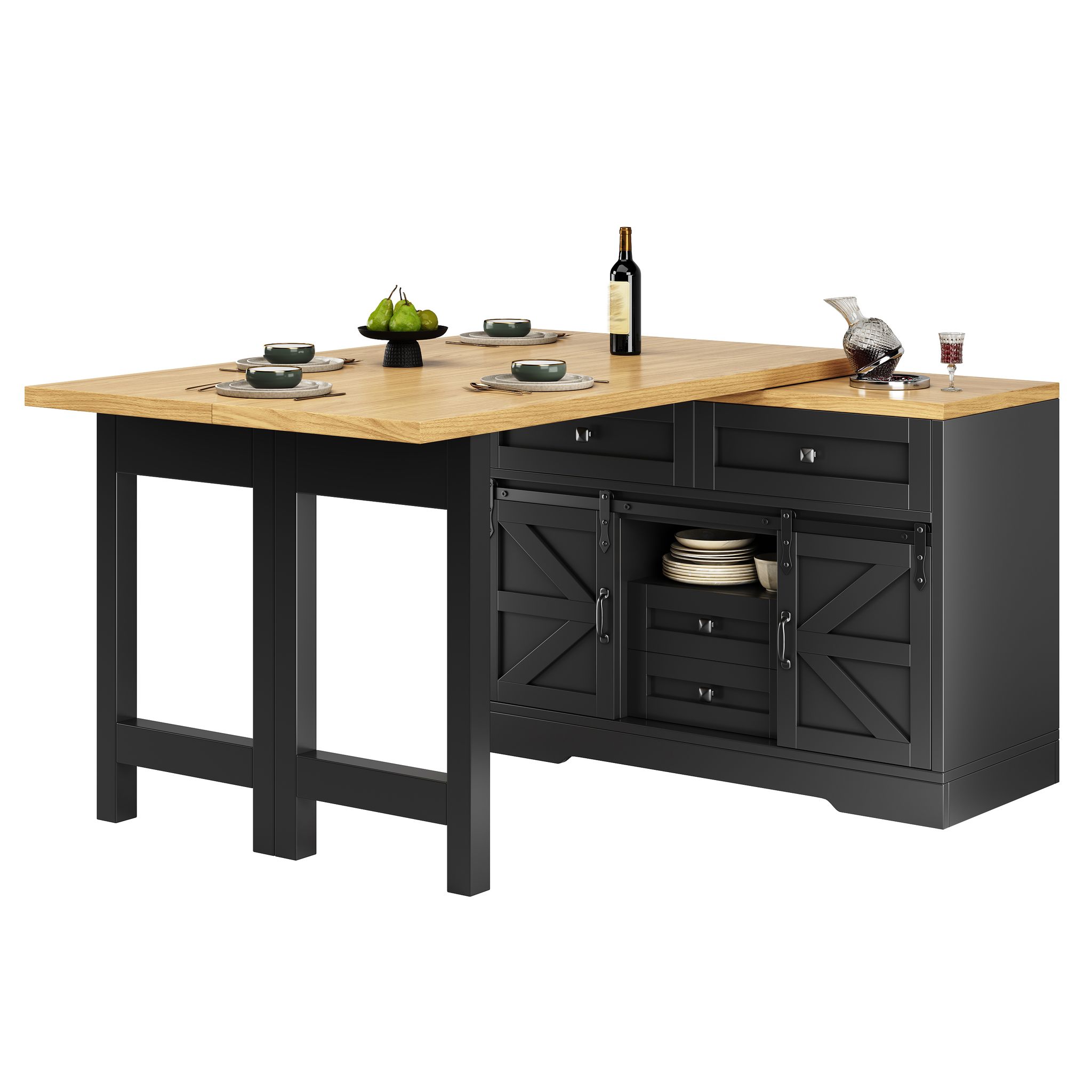 Kücheninsel Mit Ausziehbarem Esstisch, Seitenschrank Mit Schiebetür Und Schubladen, Mdf Schwarz, 120-197 X 40 X 72 Cm