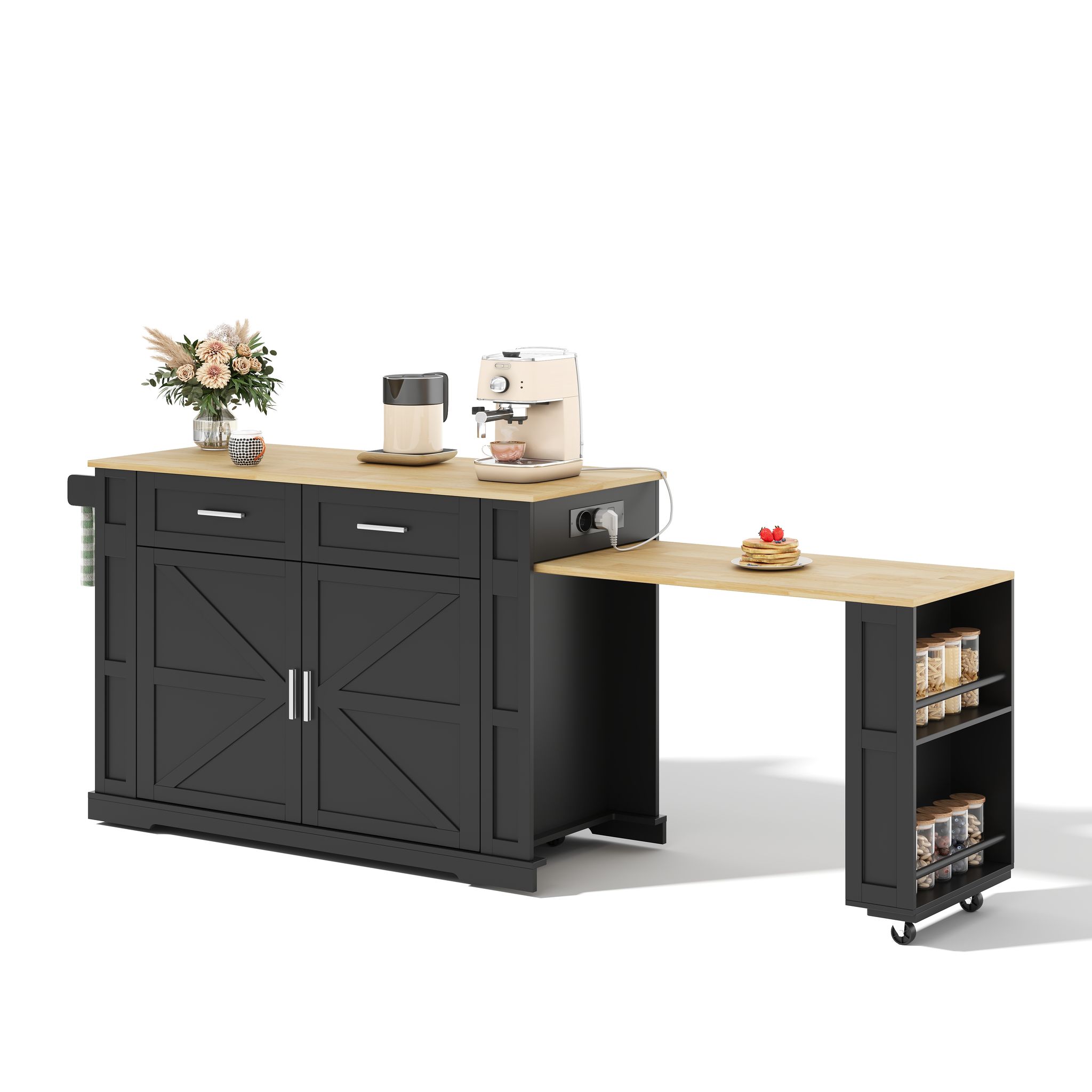 Küchenwagen Mit 2 Schubladen, 2 Türen, Ausziehbarer Arbeitsplatte Und Steckdosen, Mdf, 130 X 50 X 93 Cm, Schwarz Natur