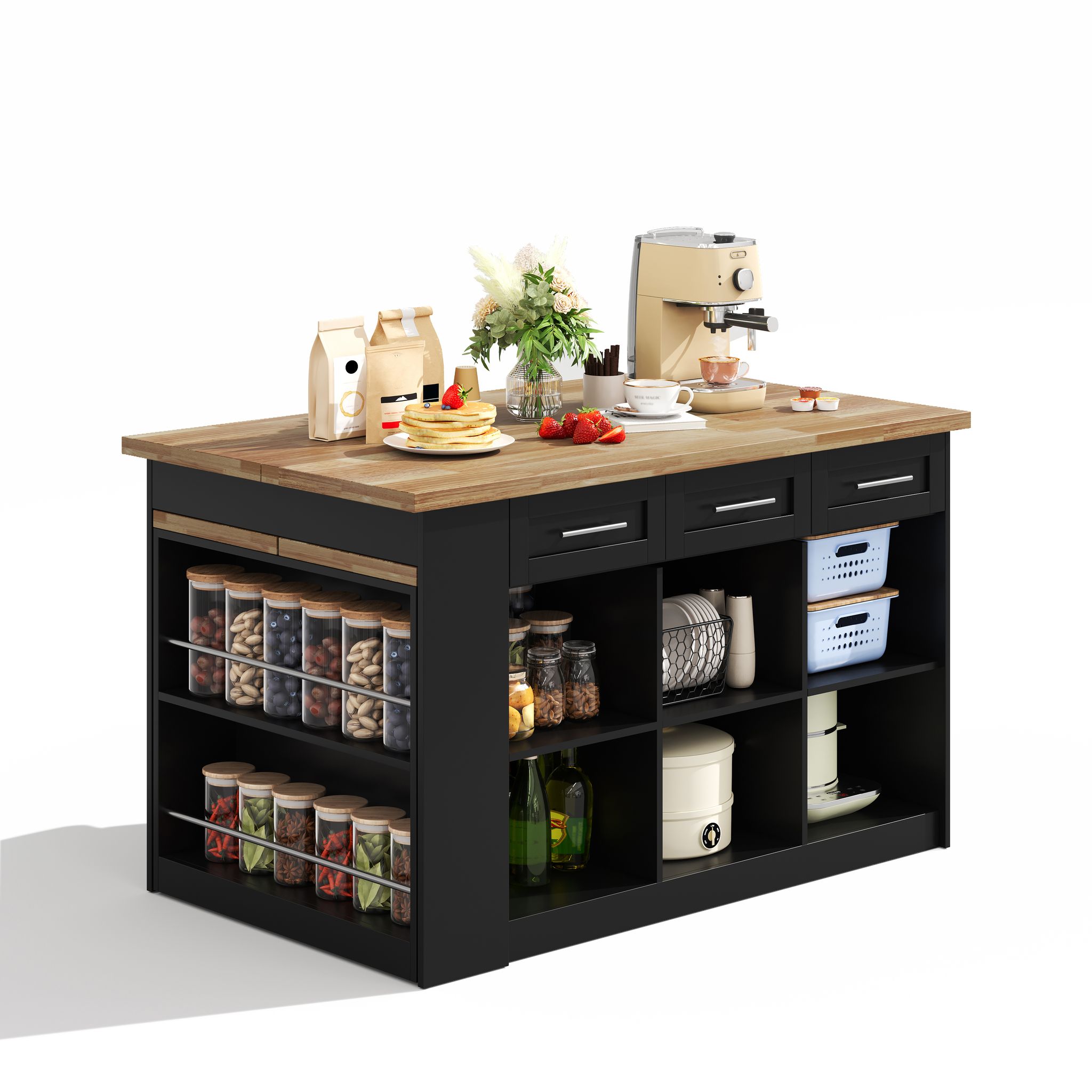 Kücheninsel Mit 6 Schubladen, 3 Schränken Und Ausziehtisch, Aus Mdf, Schwarz Holzoptik, 150 X 90 X 90 Cm