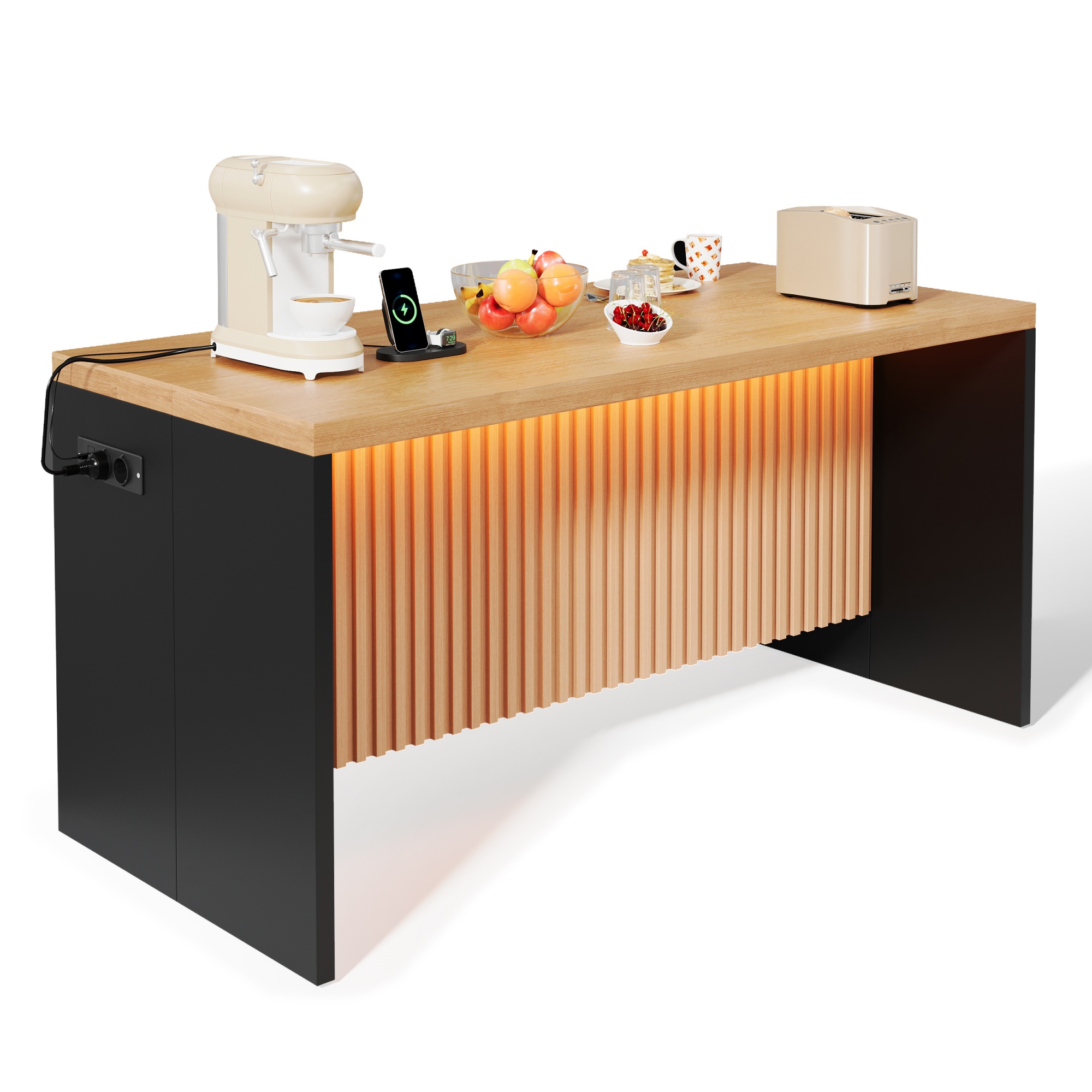 Kücheninsel Mit Led-beleuchtung, 2 Steckdosen Und 2 Usb-anschlüssen, Mdf, Schwarz Und Natur, 155x80x90 Cm