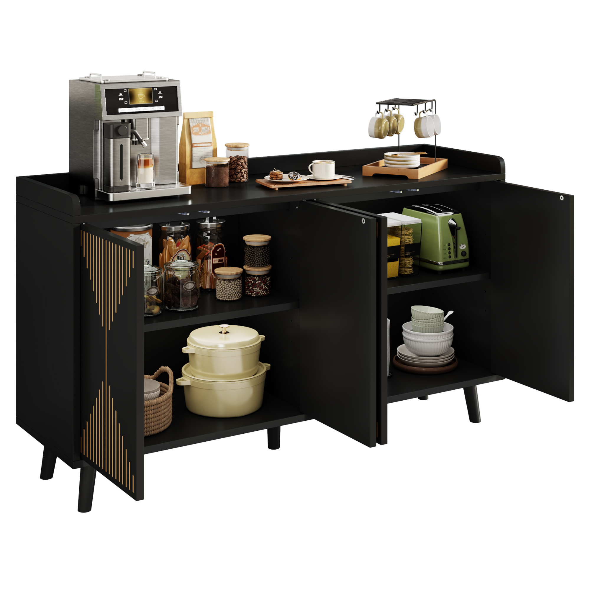 Küchensideboard Mit 4 Türen, Verstellbaren Einlegeböden Und Offenem Fach Für Esszimmer Aus Mdf Schwarz, 140 X 40 X 84 Cm