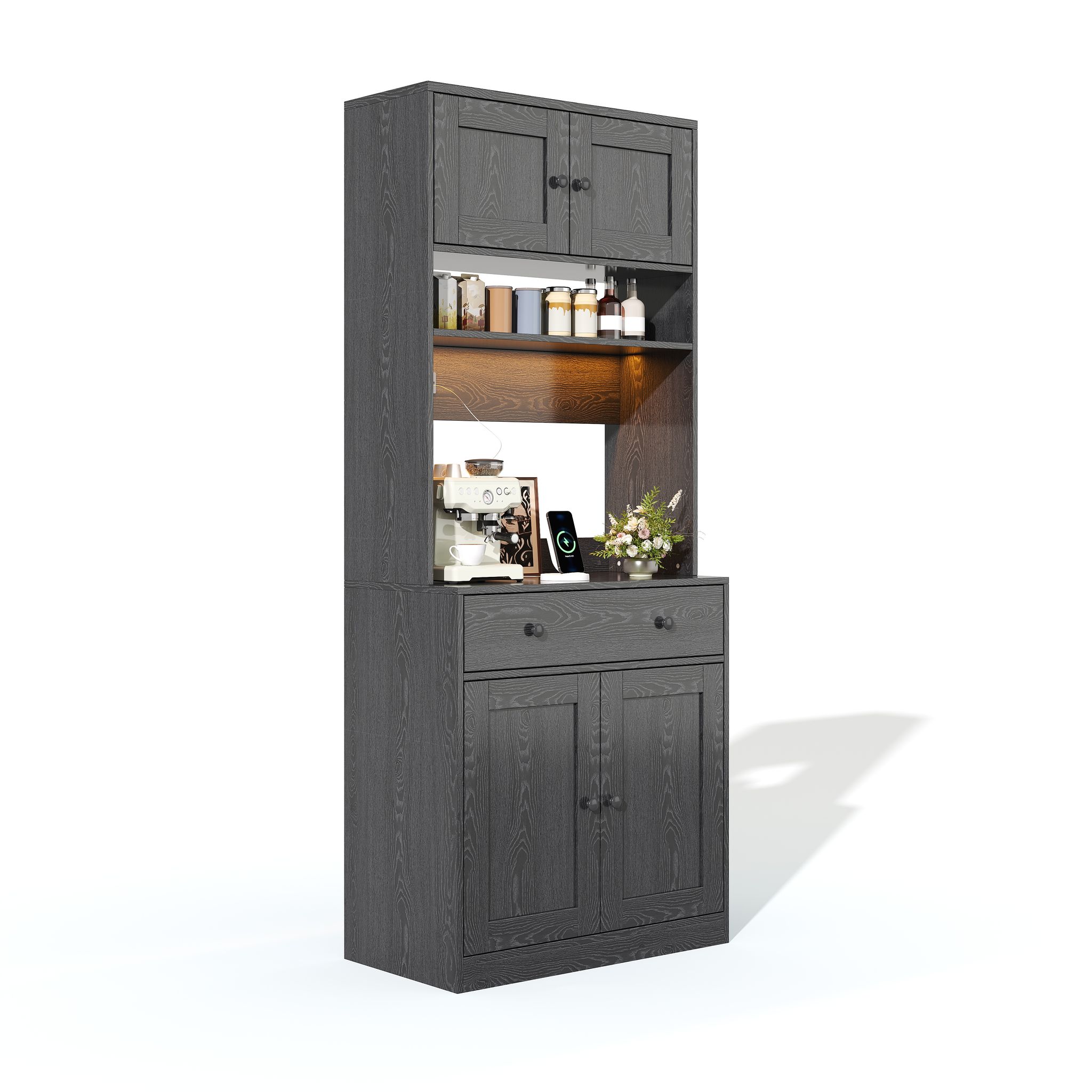 Küchenhochschrank Mit Schublade, Offenen Regalen, Rgb-led Und Steckdosen Für Küche Aus Mdf Schwarz 72 X 40 X 180 Cm