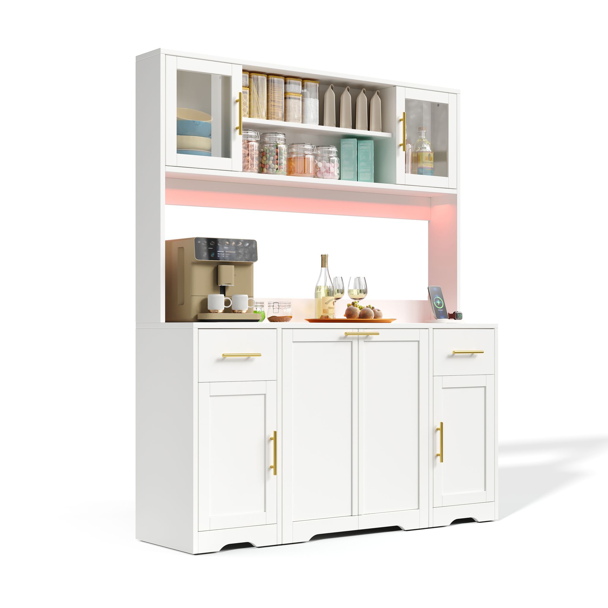 Hoher Küchenschrank Mit 2 Schubladen, Verstellbaren Böden, Ausziehbarem Mülleimer, Rgb-led Und Steckdosen, Mdf Weiß, 140 X 40 X 173 Cm