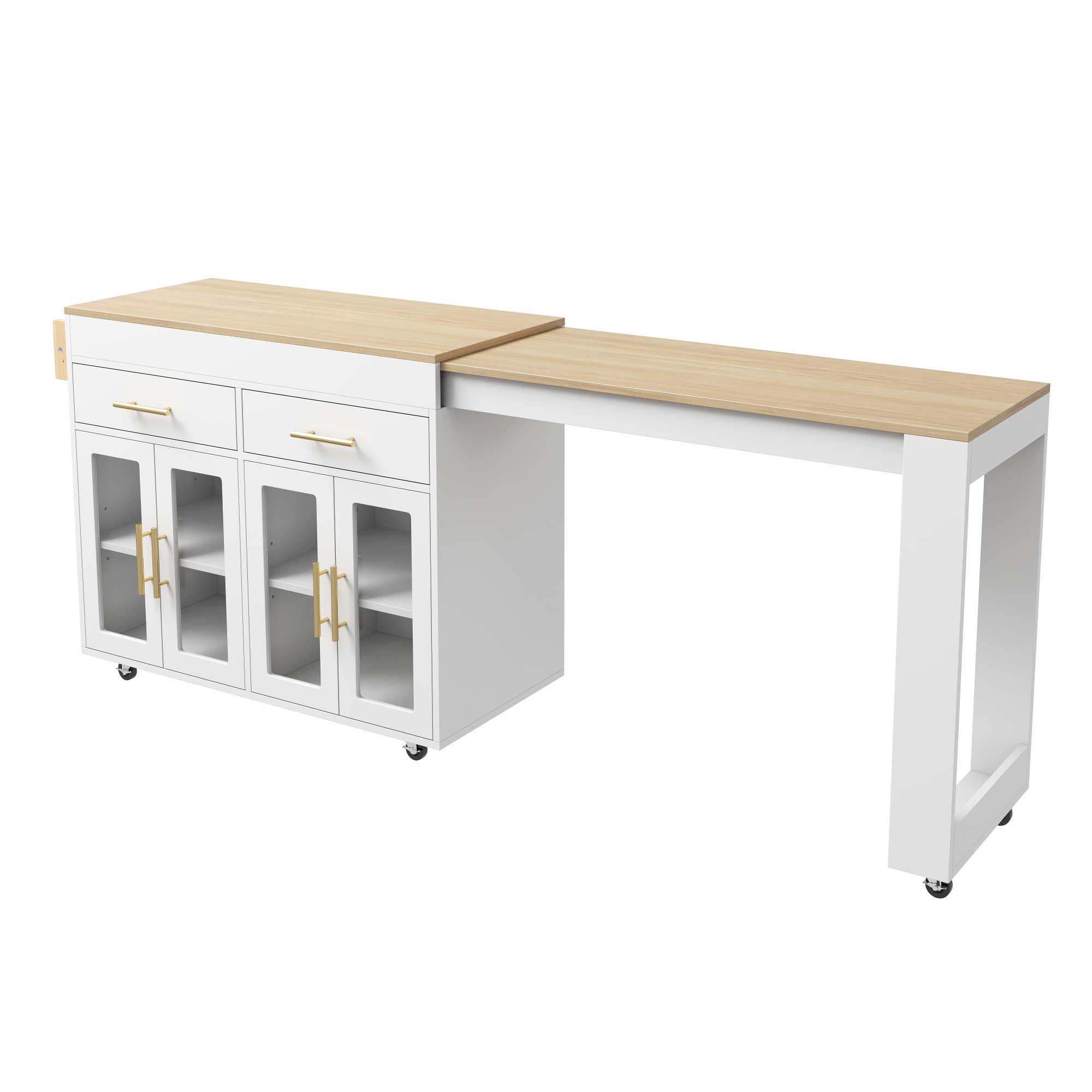 Mobile Kücheninsel Mit 2 Schubladen, 4 Glastüren, Verstellbaren Einlegeböden Und Ausziehbarem Tisch, Mdf, 132.5-217 X 50 X 93 Cm, Weiß
