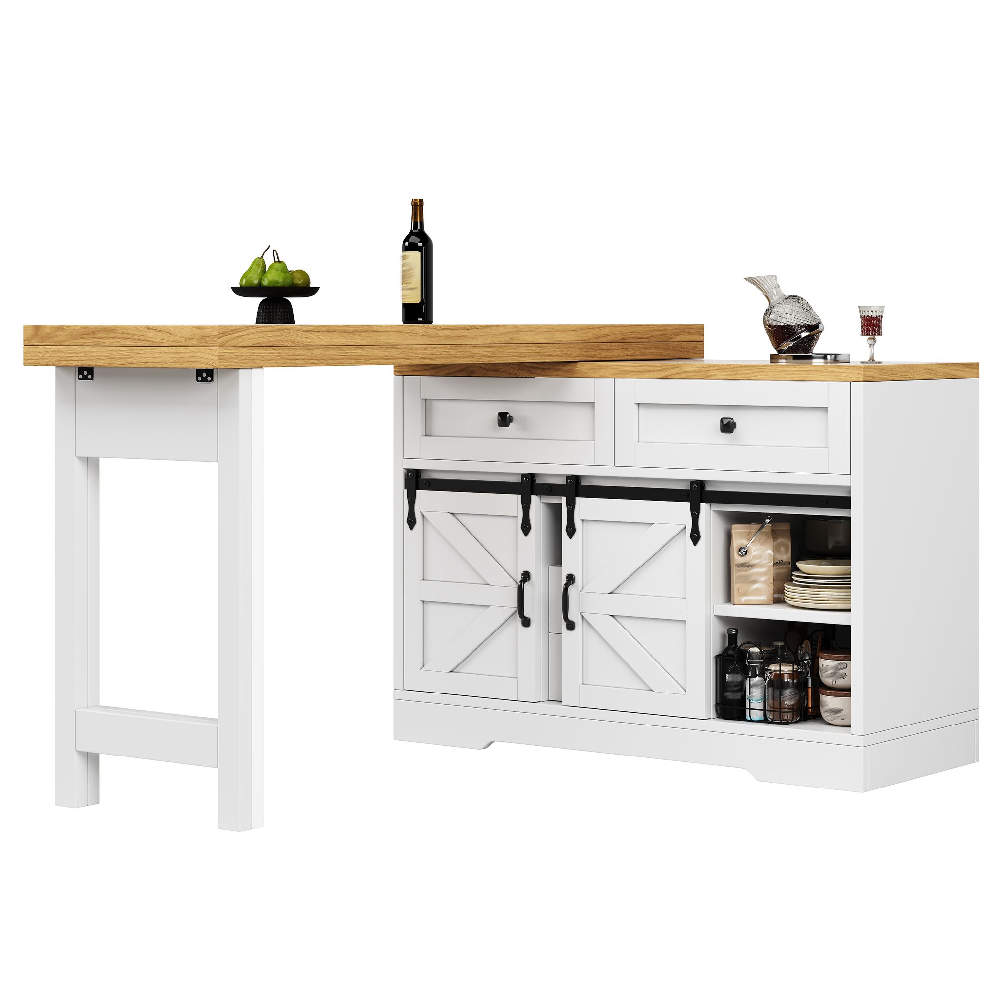 Kücheninsel Mit Seitenschrank, Verdeckten Schubladen Und 2 Drehbaren Platten, Aus Weißem Mdf, 120 X 40 X 72 Cm