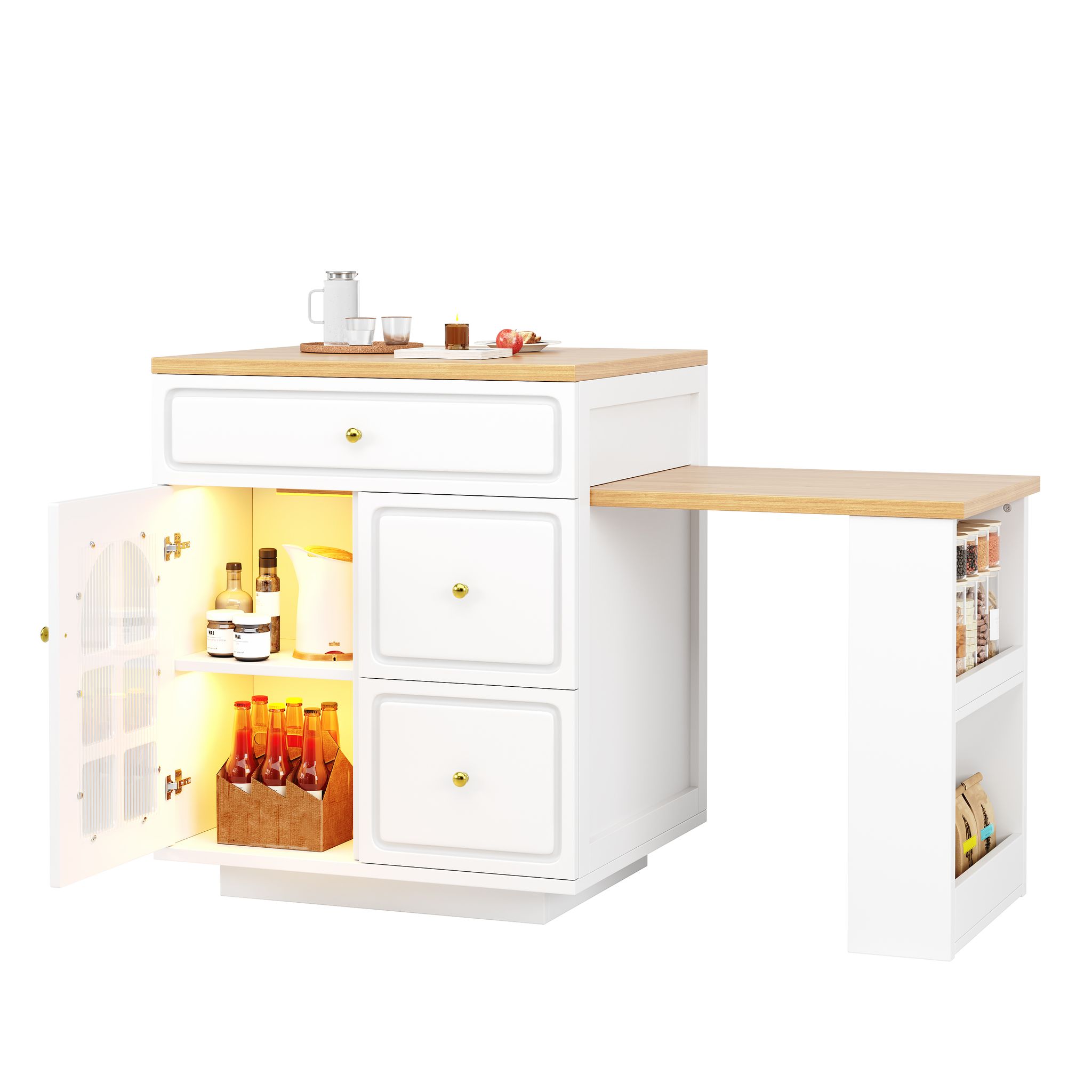 Ausziehbare Kücheninsel Mit 4 Schubladen, Glasvitrine Und Rgb-led, Aus Mdf, Weiß, 122.5 X 59 X 93.5 Cm