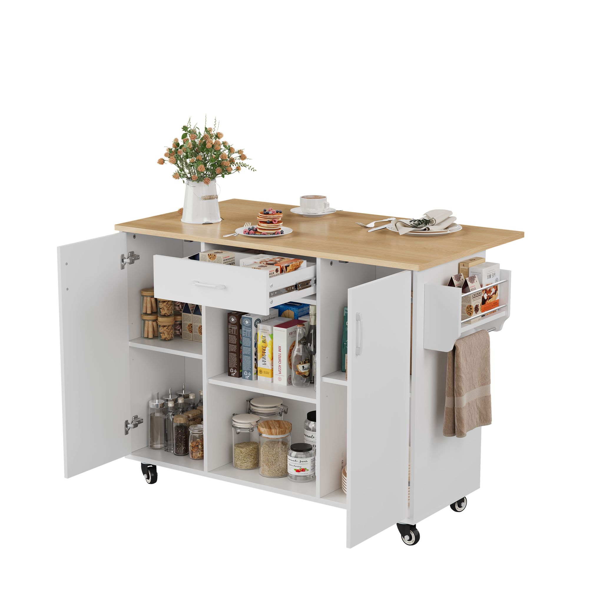 Küchenwagen Mit Klappbarer Arbeitsplatte, Schublade, 2 Schränken, Regalen Und 5 Rollen Mit Bremsen, Mdf Weiß Natur