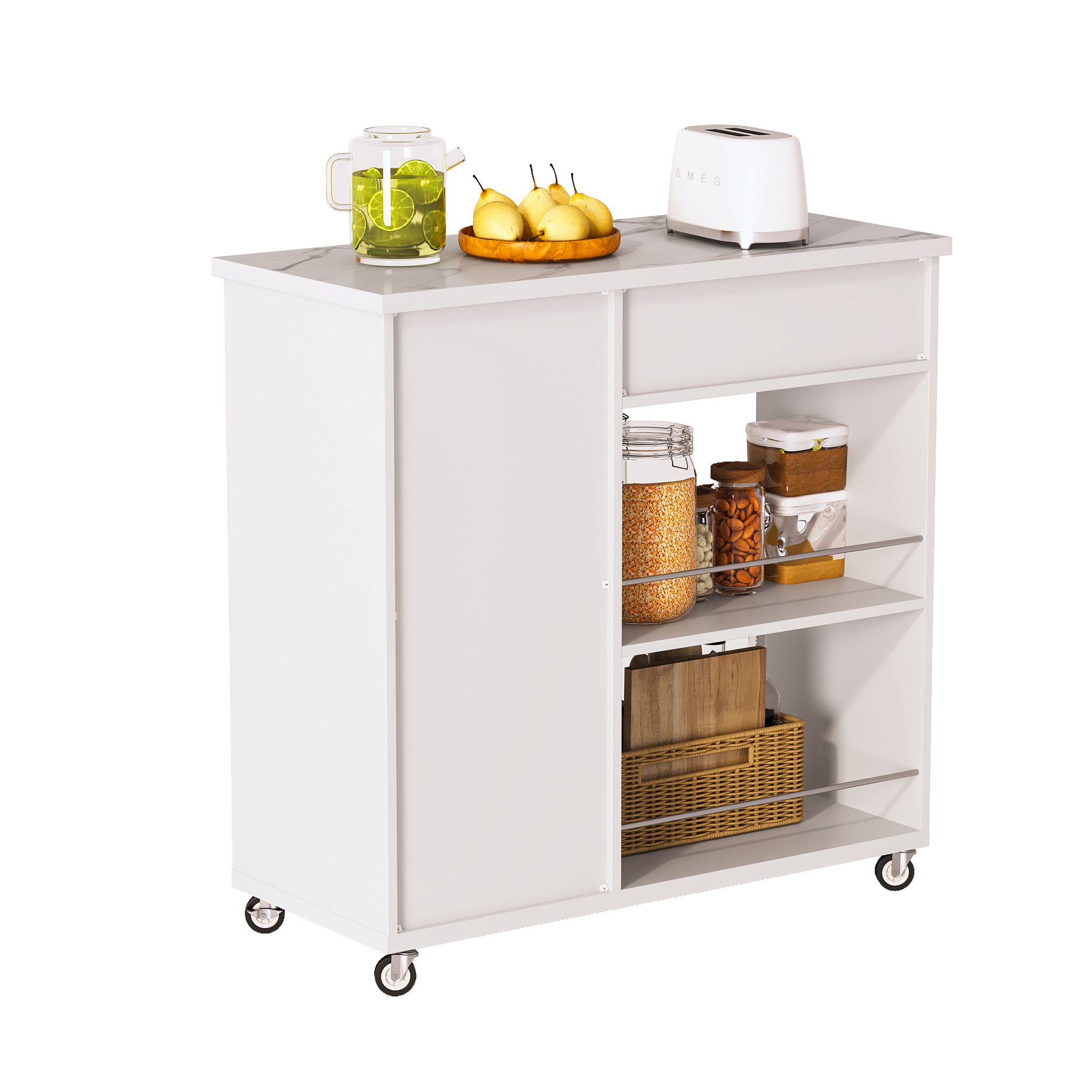 Küchenwagen Auf Rollen Mit Schublade, Schrank, 2 Offenen Ablagen Und Handtuchhalter, Aus Weißem Mdf, 90 X 62 X 90 Cm