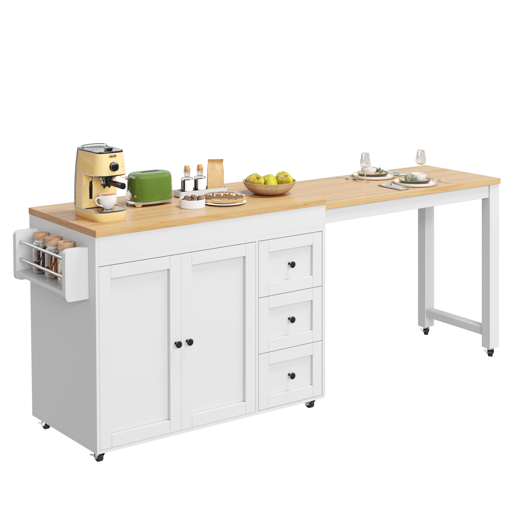 Kücheninsel Ausziehbar Mit 3 Schubladen, Schrank Und Rollen, Arbeitsplatte Aus Mdf, 116-179.5 X 45 X 89 Cm, Weiß