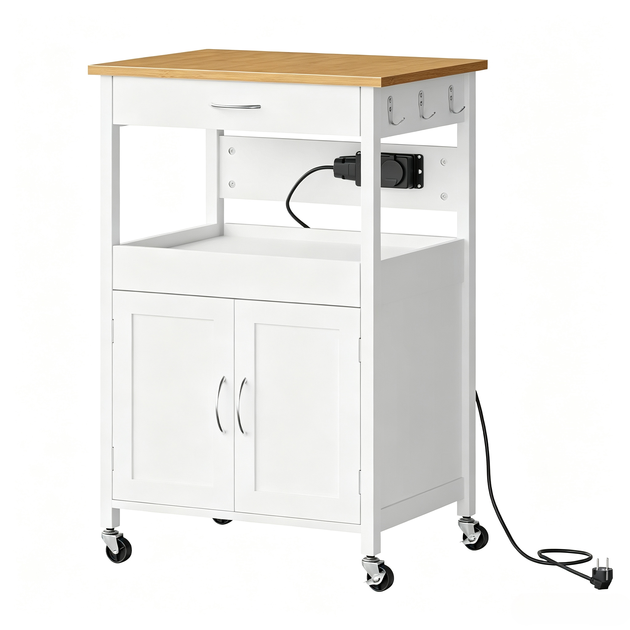Küchenwagen Mit Rollen, 1 Schublade, Offenem Regal, Schrank Und 2 Steckdosen, Mdf Weiß, 60 X 45 X 92 Cm