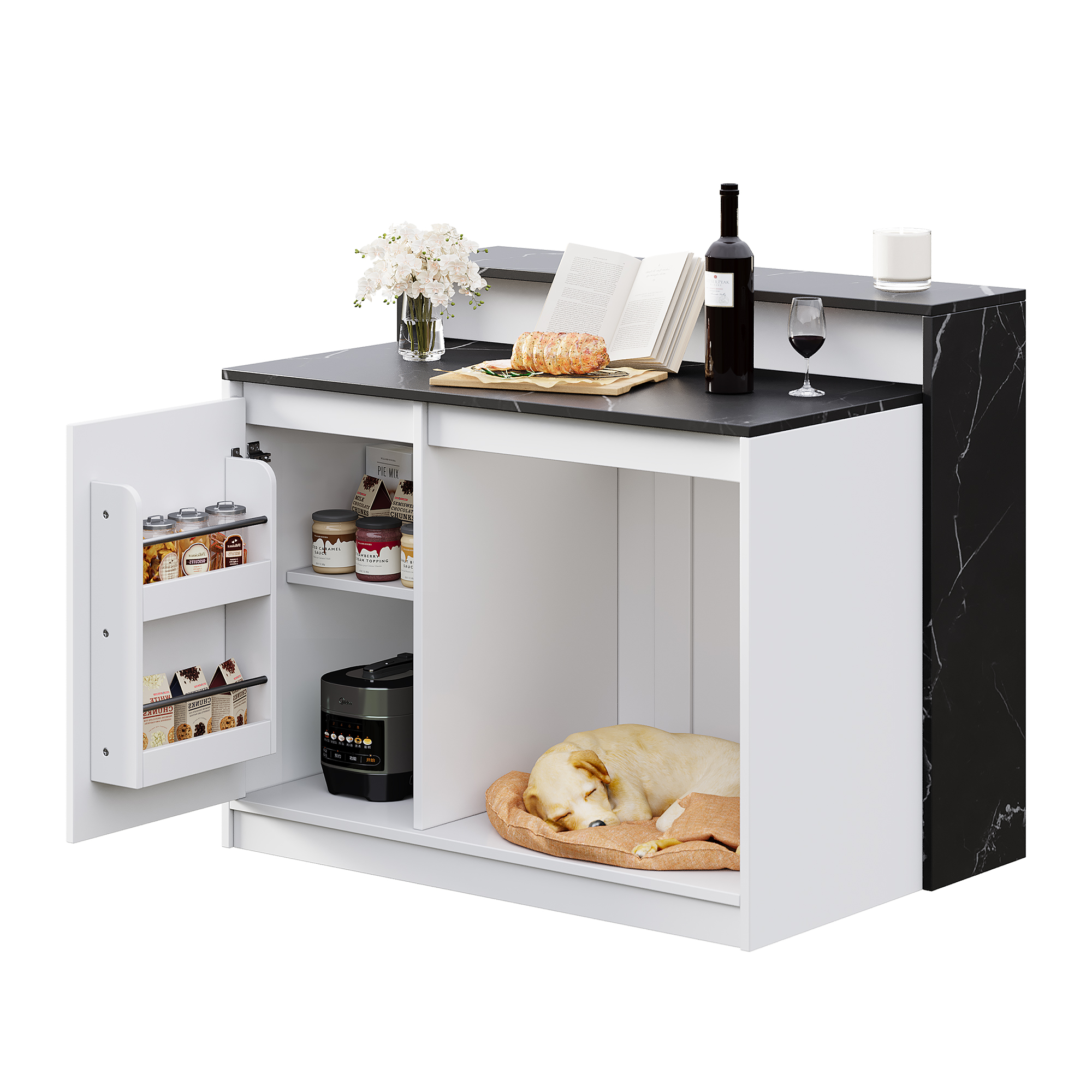 Kücheninsel Mit Bartheke Und Ruhebereich Für Haustiere Aus Mdf Mit Melamin, Schwarz Und Weiß Für Esszimmer