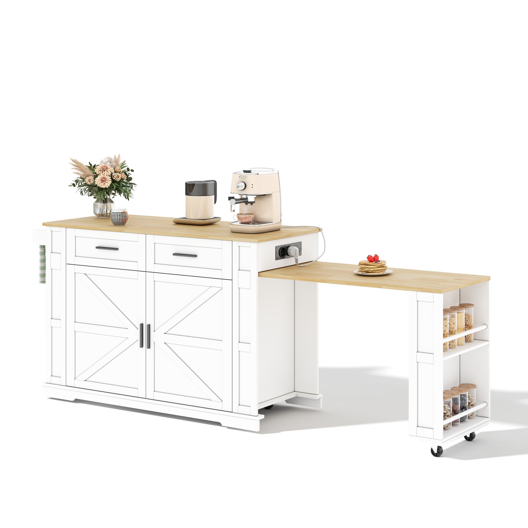 Küchenwagen Mit 2 Schubladen Und Doppeltürschrank, Verstellbarem Einlegeboden, Steckdosenleiste, Mdf, Weiß Und Eiche