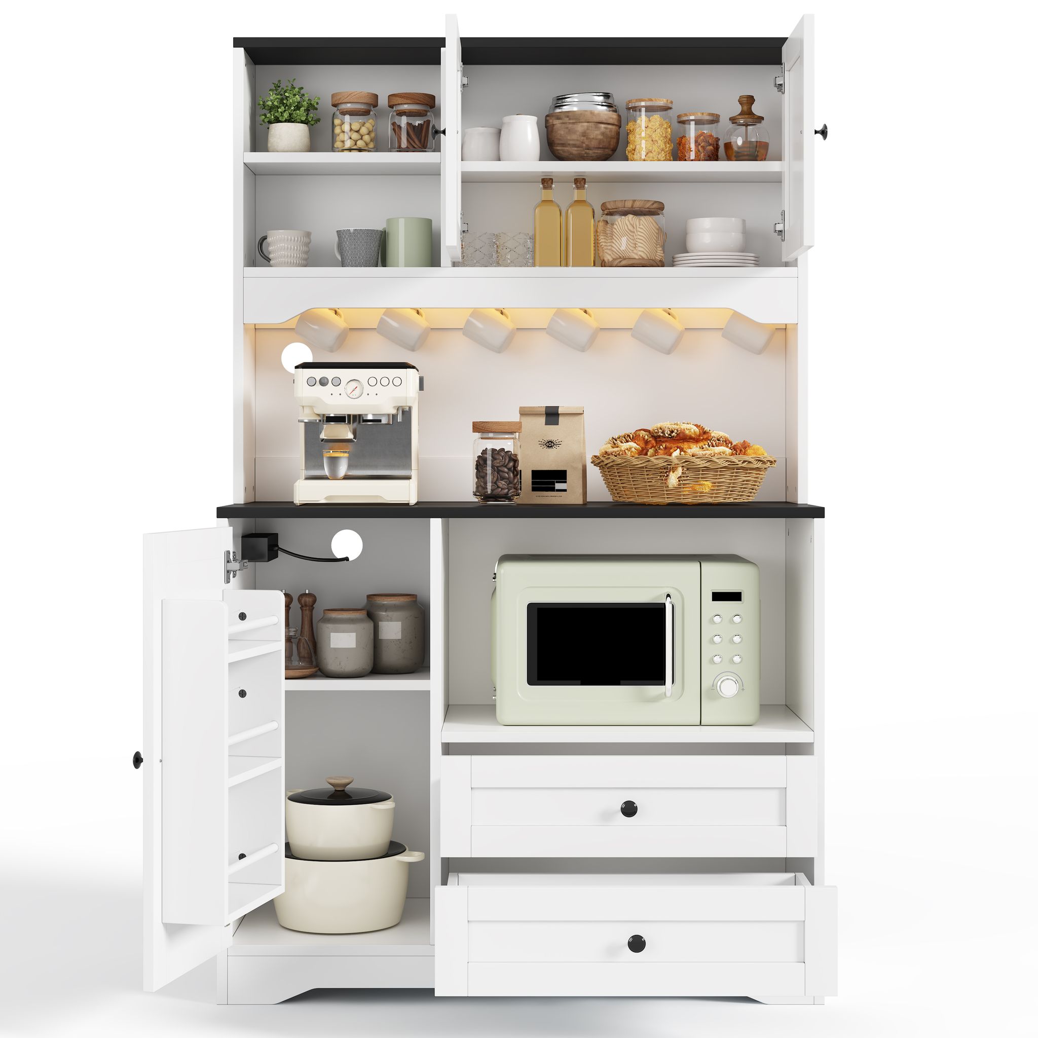 Küchenbuffetschrank Mit 2 Schubladen, Verstellbaren Einlegeböden, Led Und Steckdosen, Mdf, 100 X 40 X 163 Cm, Weiß