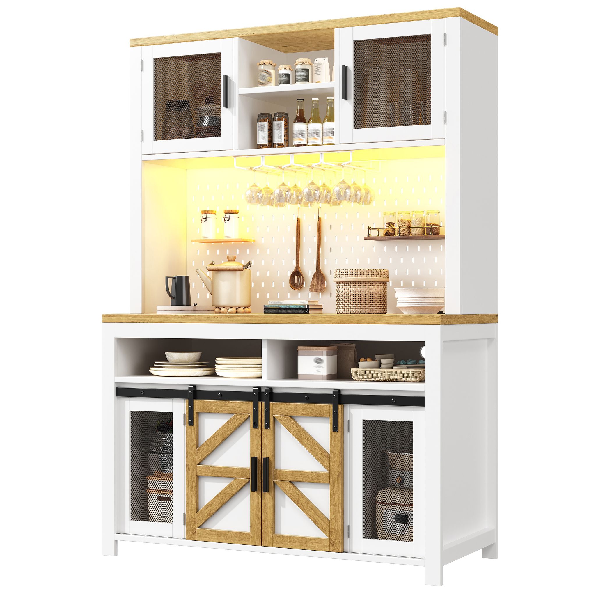 Hochschrank Mit Schiebe- Und Drehtüren, Led Und Usb-anschluss, Für Küche, Aus Mdf Weiß, 120 X 40 X 174.5 Cm