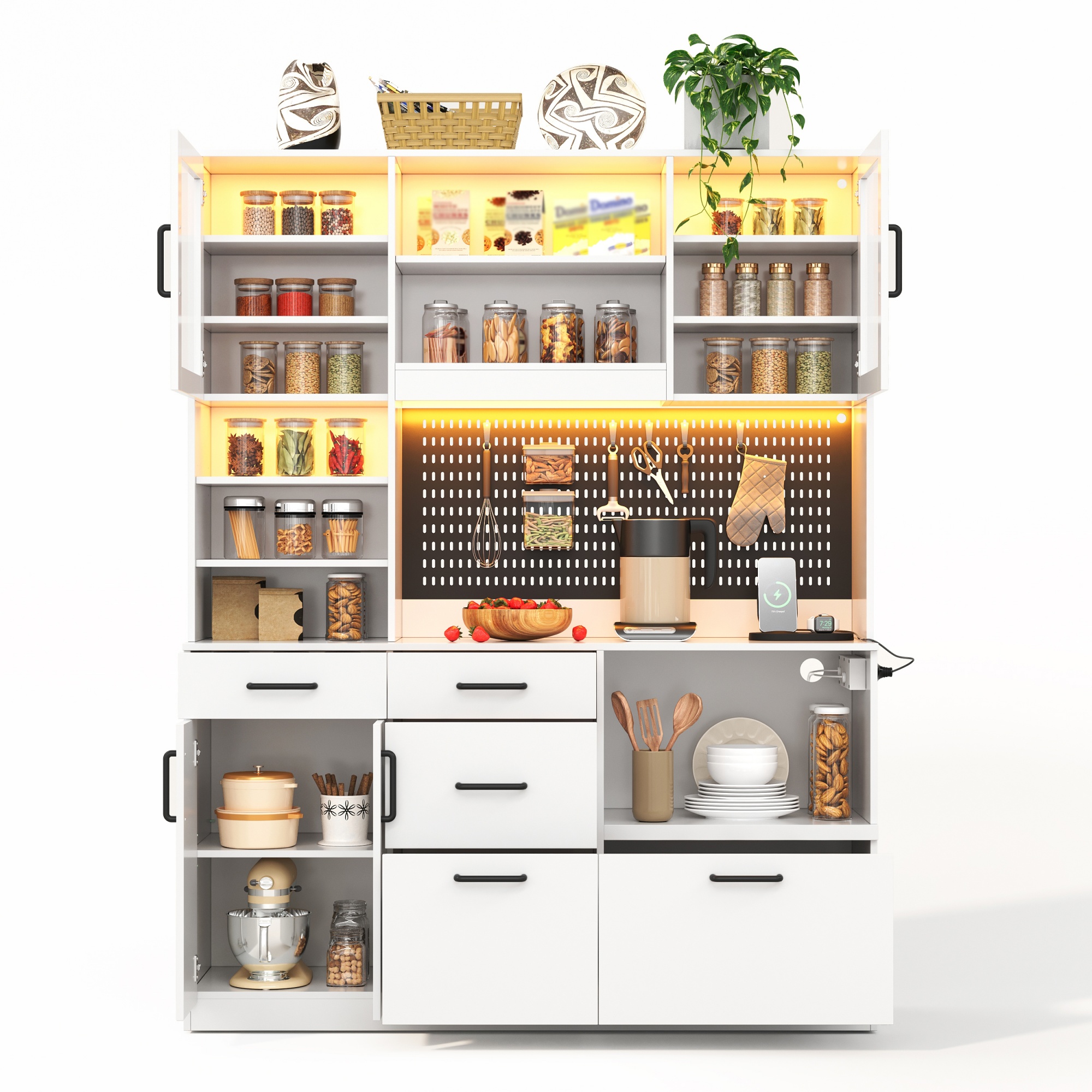 Küchenbuffet Mit 5 Schubladen, Verstellbaren Einlegeböden, Rgb-led Und Steckdosen Aus Weißem Mdf