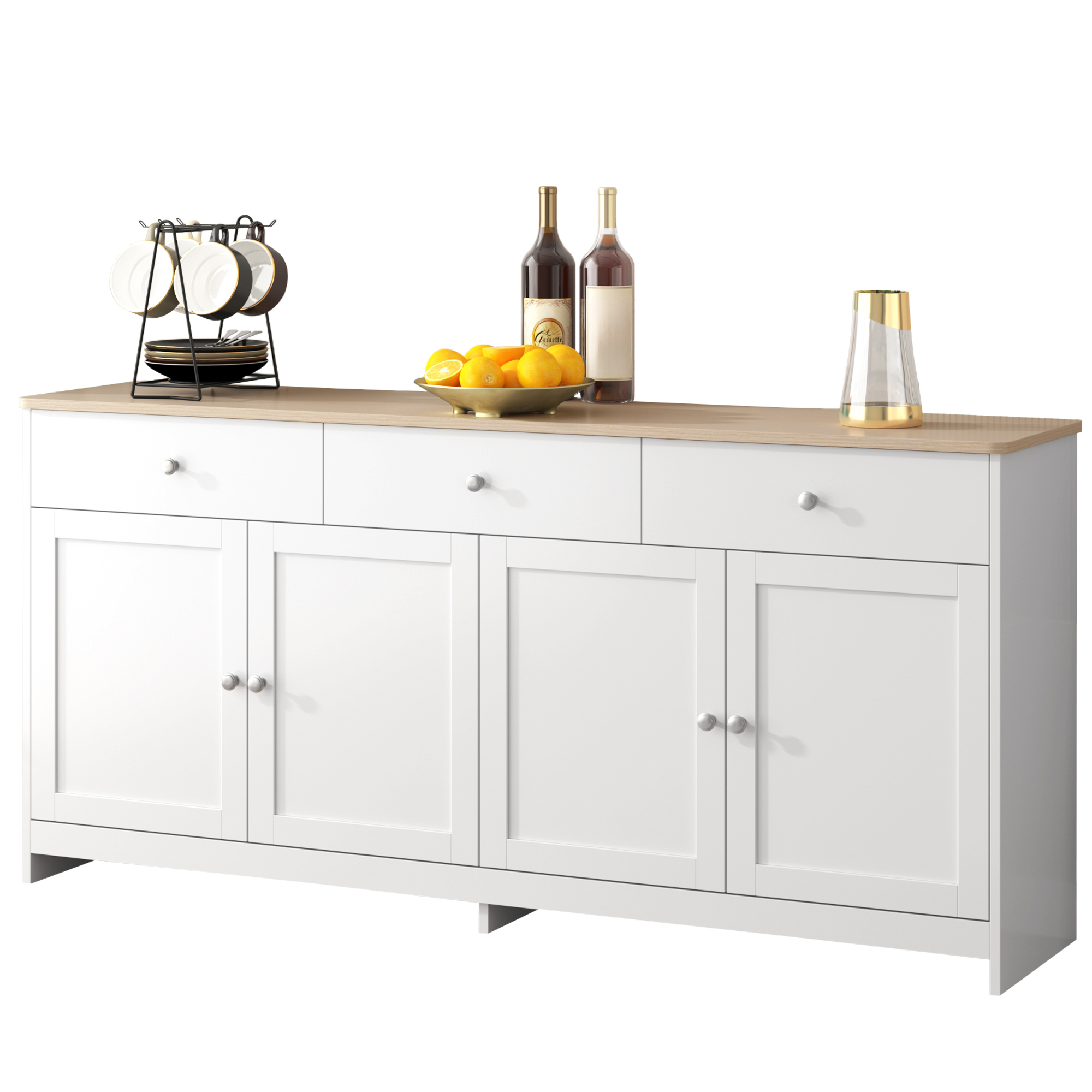Küchen Sideboard Mit 4 Türen, 3 Schubladen Und Verstellbaren Einlegeböden, Landhausstil, Mdf, 160 X 37 X 75 Cm, Weiß