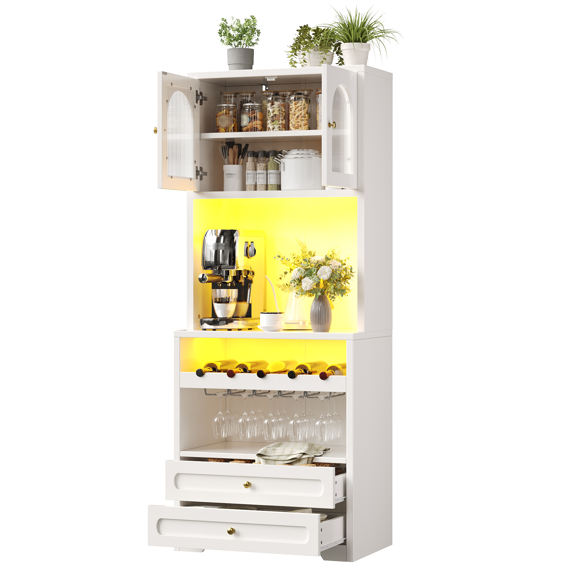 Küchenhochschrank Mit Gebogenen Glastüren, Verstellbaren Böden, Led Und Usb-anschluss, Mdf Weiß, 140 X 40 X 180 Cm