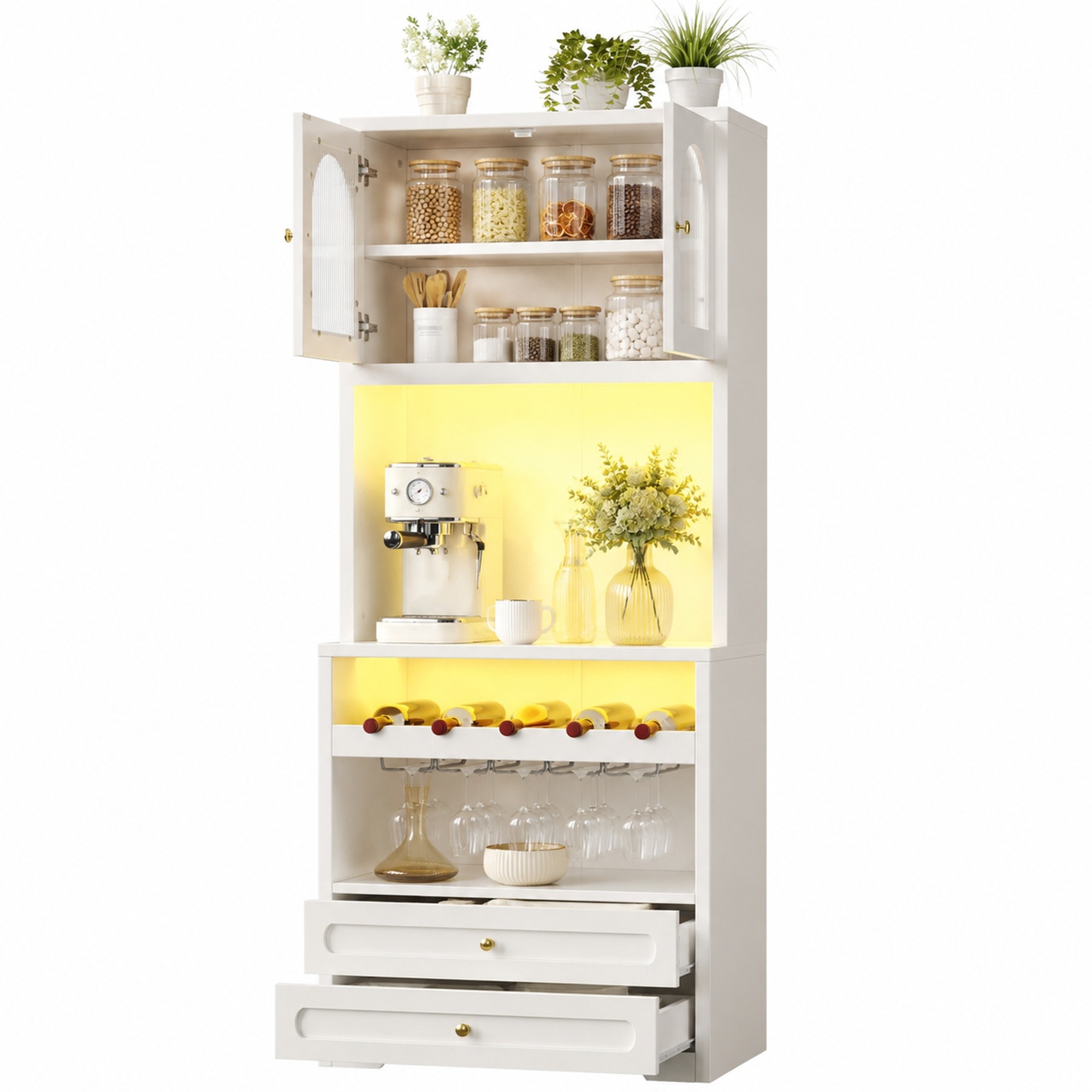 Vitrinenschrank Mit Gebogenen Glastüren, Verstellbaren Böden, Led Und Usb Für Küche Aus Mdf, 70x40x180 Cm, Weiß