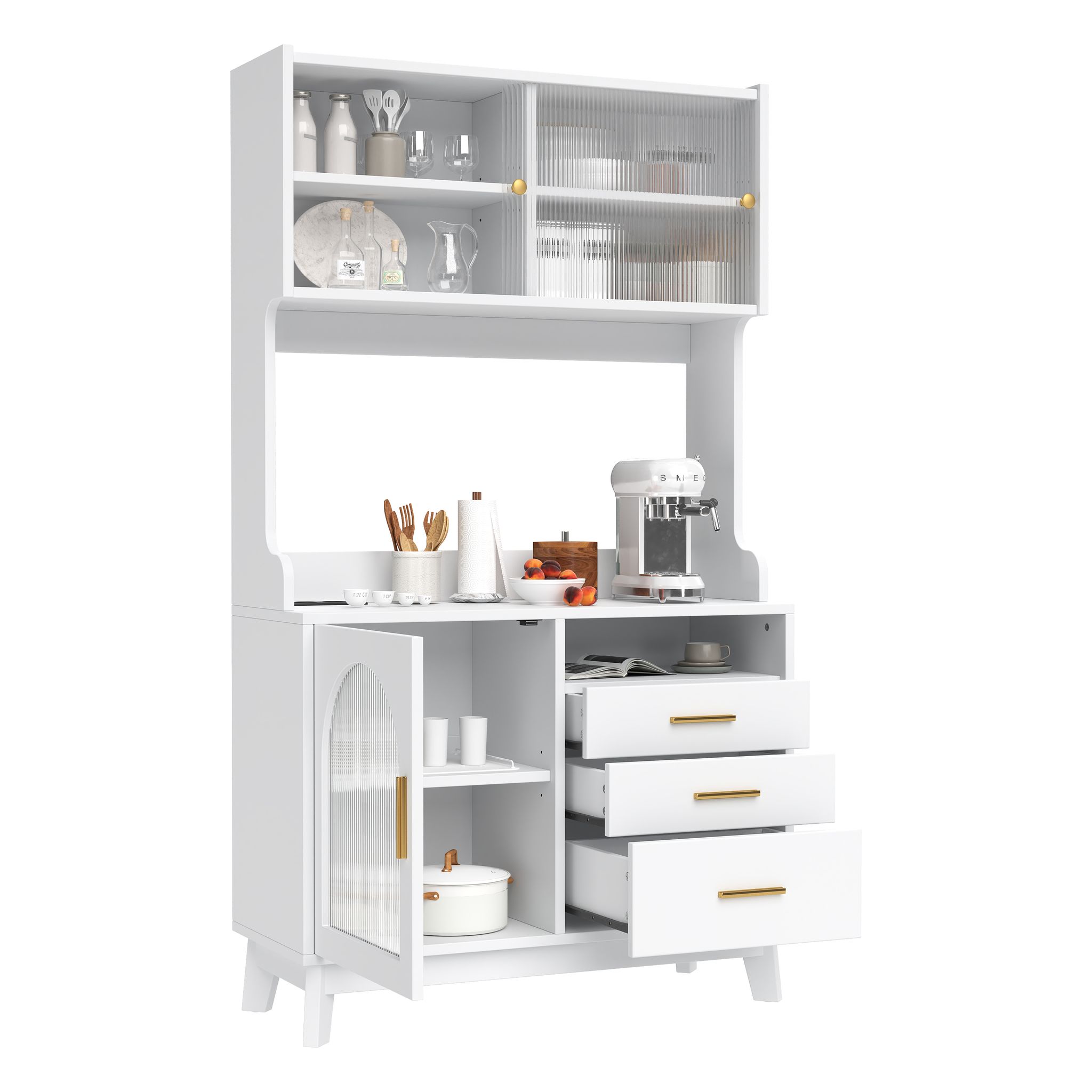 Küchenhochschrank Mit 2 Steckdosen, Usb A Und Usb C Anschluss, Gewellter Acrylfront, Weiß, 100.5 X 40 X 178 Cm