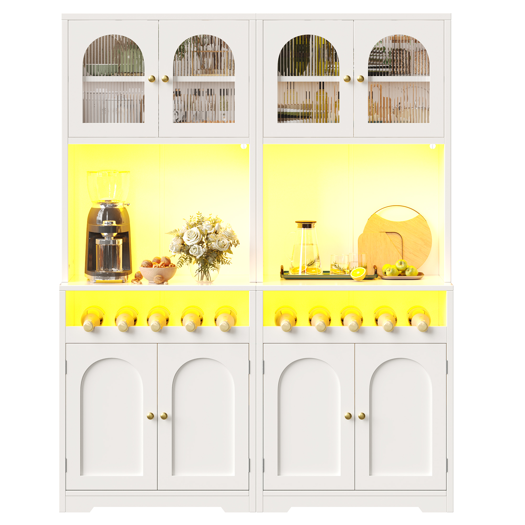 Küchenhochschrank Set Mit 2 Schränken, Glastüren, Verstellbaren Einlegeböden Und Mehrfarbiger Led Für Küche, Mdf, Weiß
