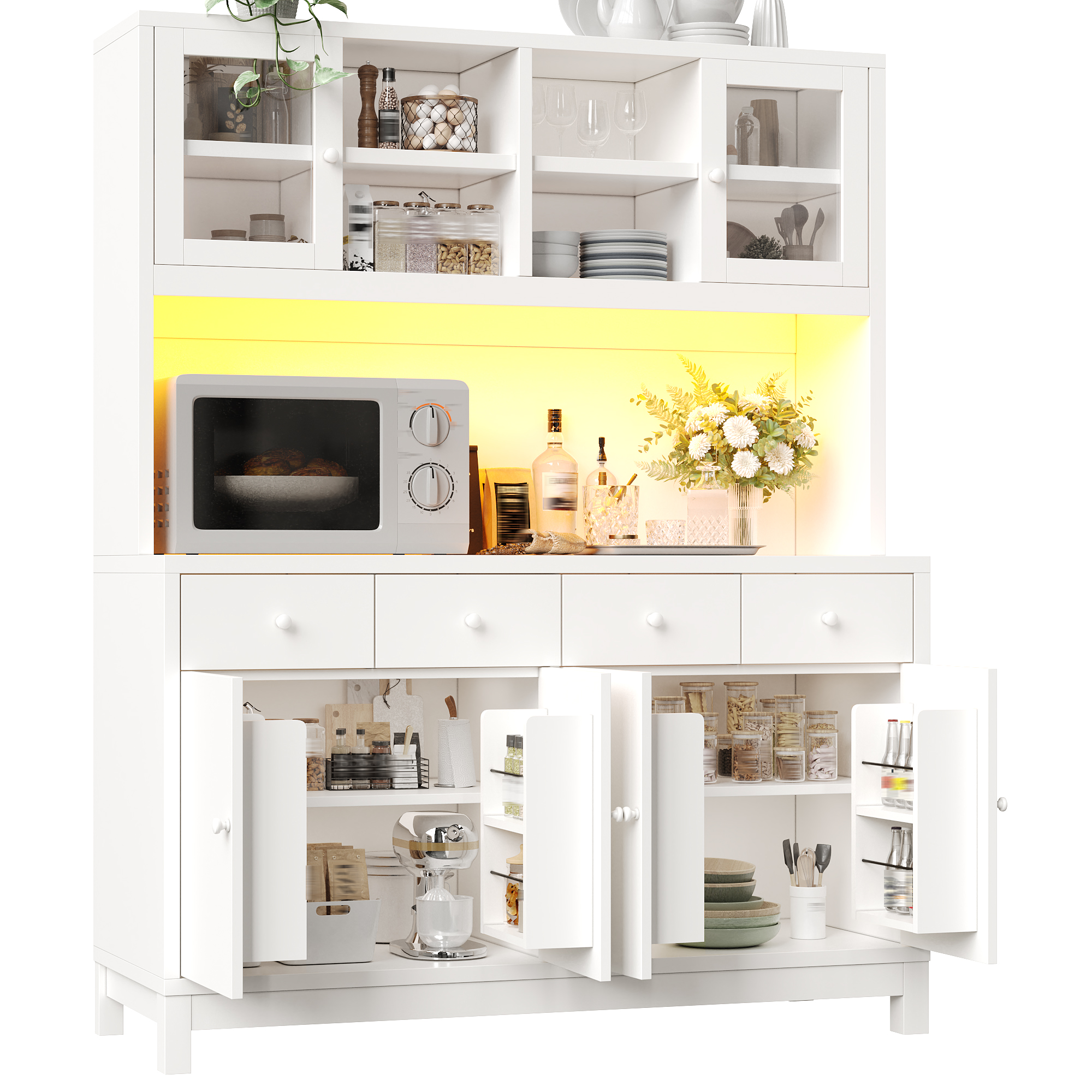 Hohes Küchenbuffet Mit 4 Schubladen, Glastüren, Verstellbaren Einlegeböden Und Rgb-led, Mdf Weiß 140 X 38.5 X 180 Cm