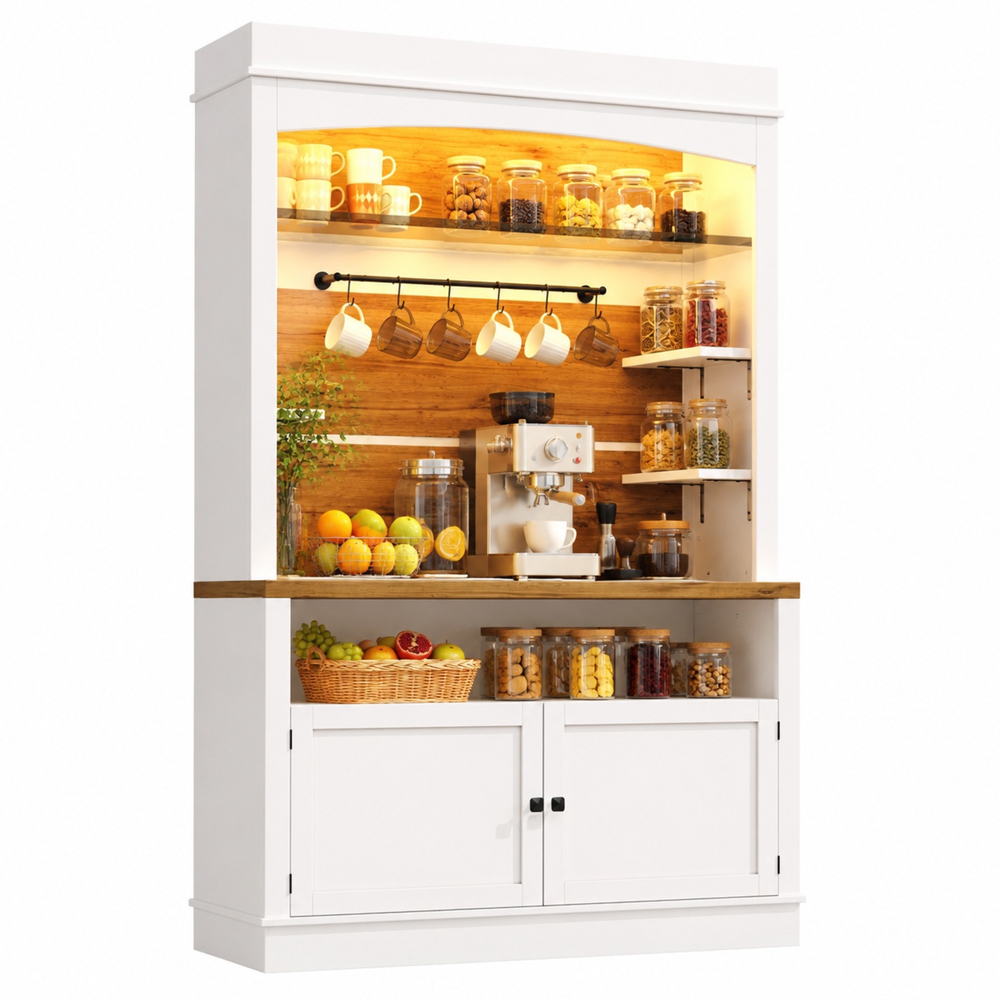 Küchenhochschrank Set Mit 2 Schränken, Rgb Led Beleuchtung, Glasablagen, 12 Haken Und Metallgriffen, Mdf Weiß
