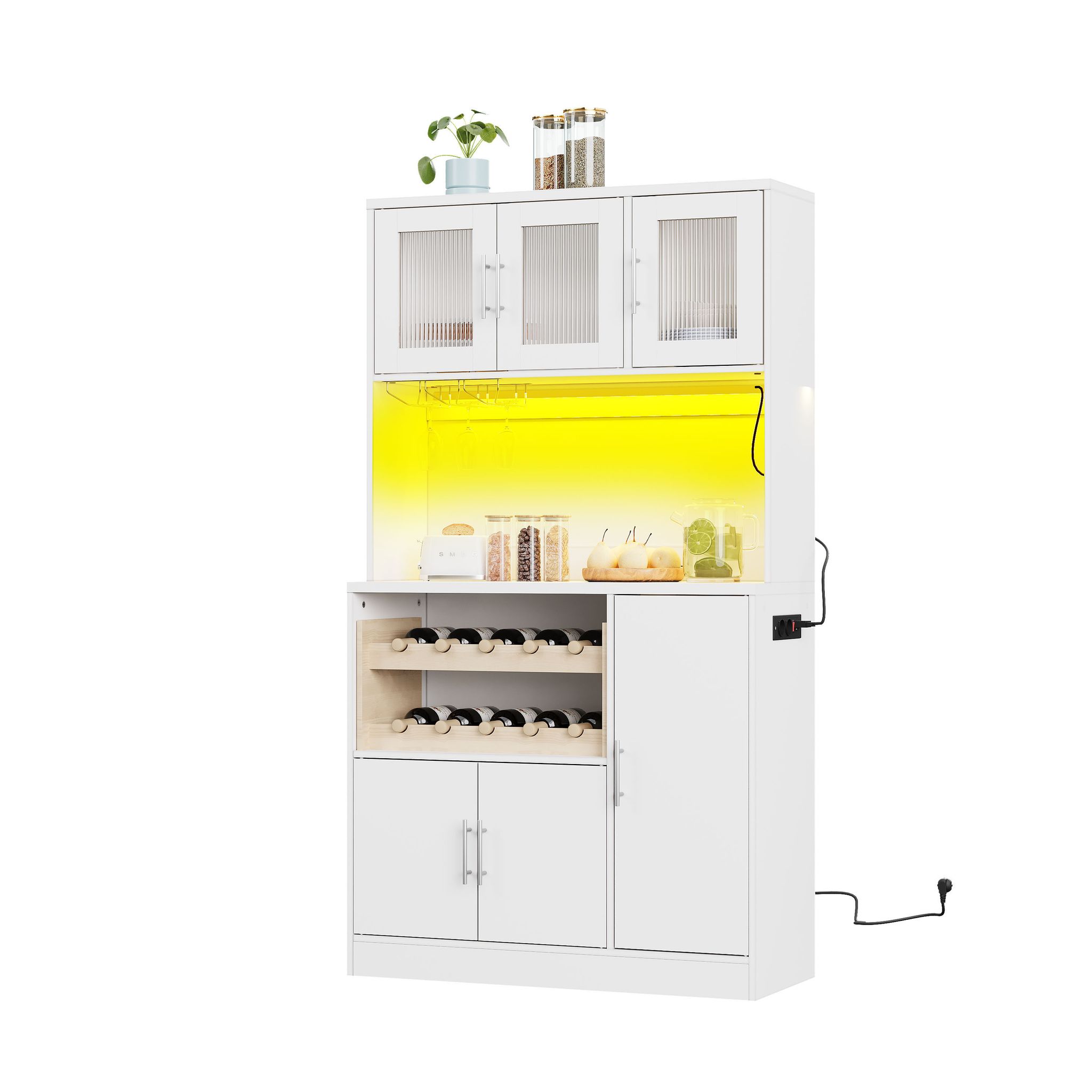 Hoher Küchenschrank Mit Rgb-led, Steckdosen Und Usb, Weinglashalter Und Weinregal, Weißes Mdf, 100 X 40 X 180 Cm