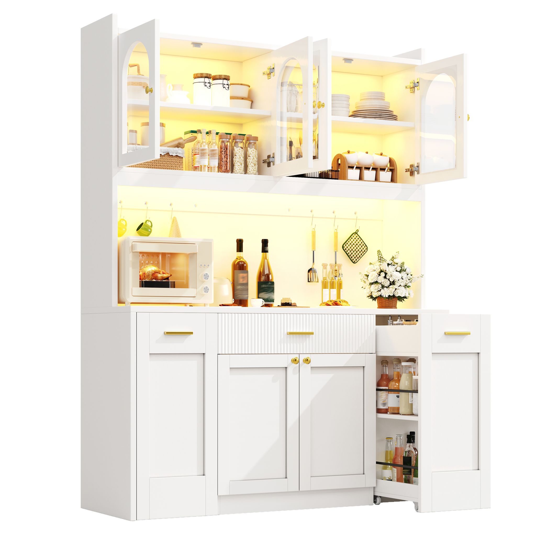 Hochschrank Küche Mit 3 Glasvitrinen, Rgb Led Per App Und Tasten, Mdf, 120x40x187 Cm, Weiß