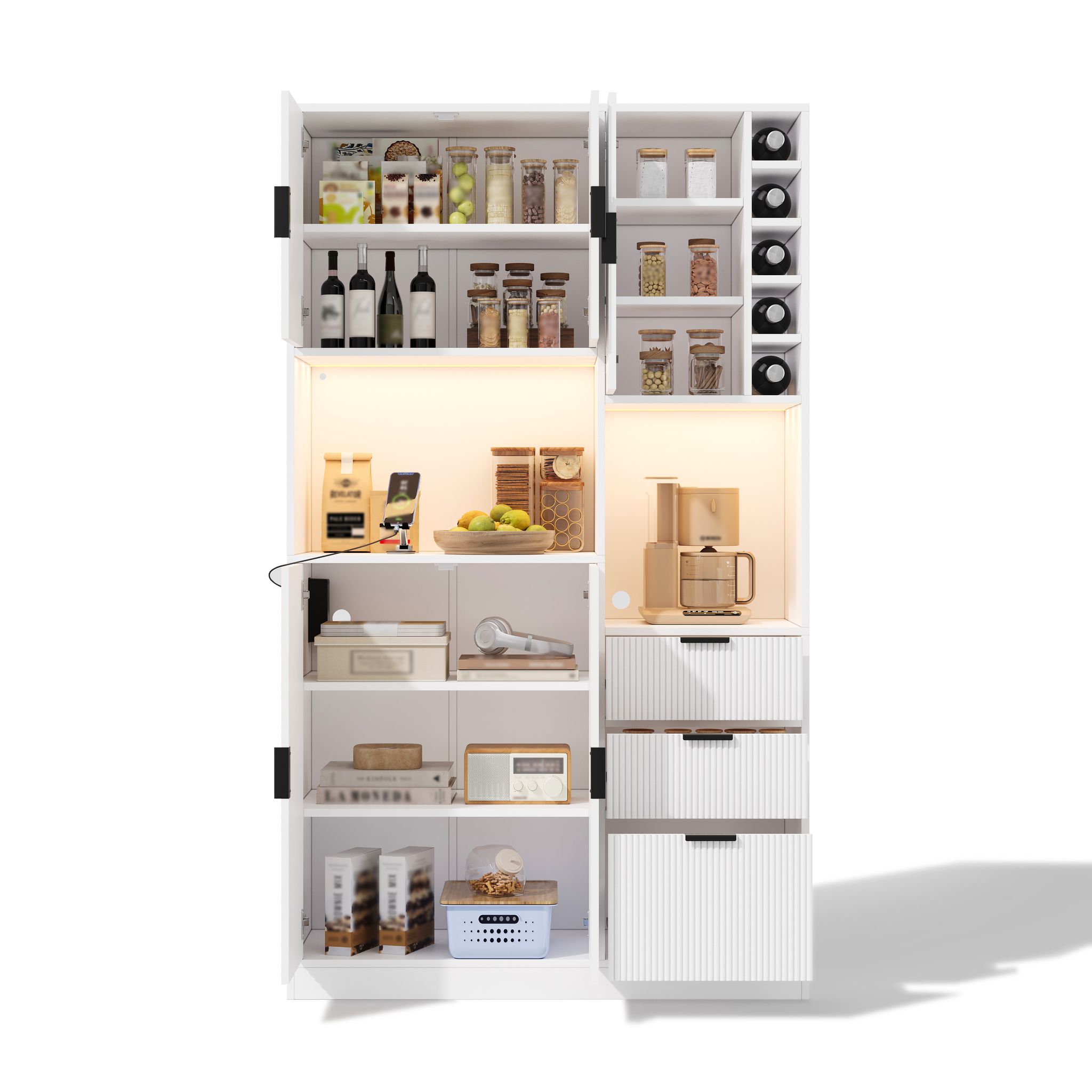 Küchenbuffet Mit 3 Schubladen, Verstellbaren Einlegeböden, Weinregal, Led Und Steckdosen, Mdf Weiß, 105 X 40 X 180 Cm