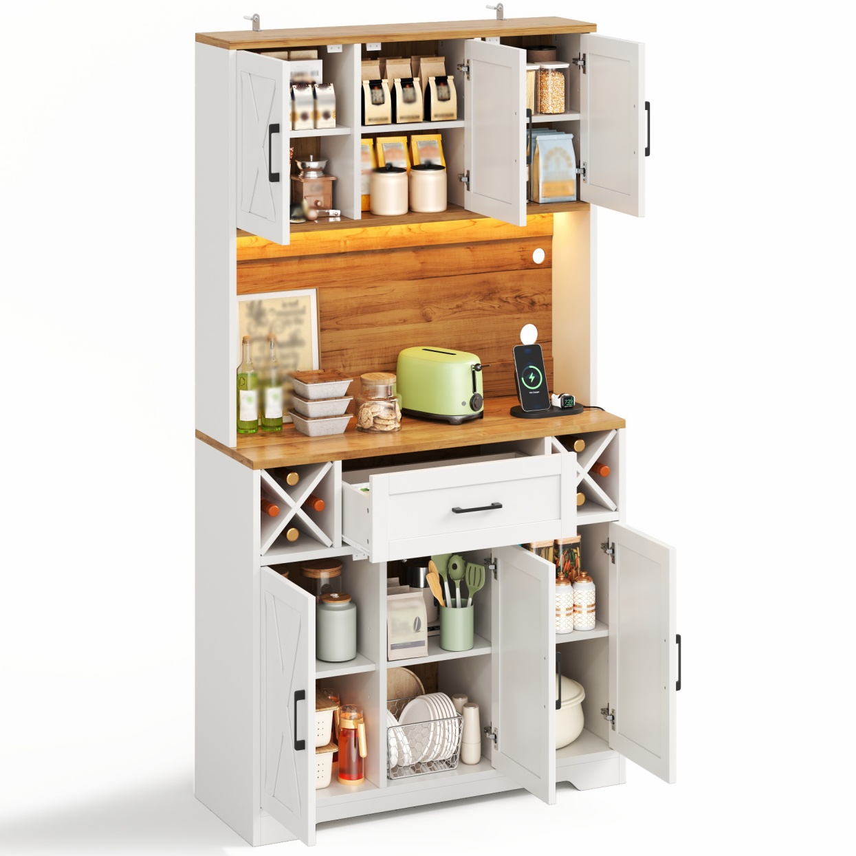 Küchenhochschrank Mit Schublade, Weinregal, Led Und Steckdosen, Mdf, 105 X 40 X 180 Cm, Natur Weiß