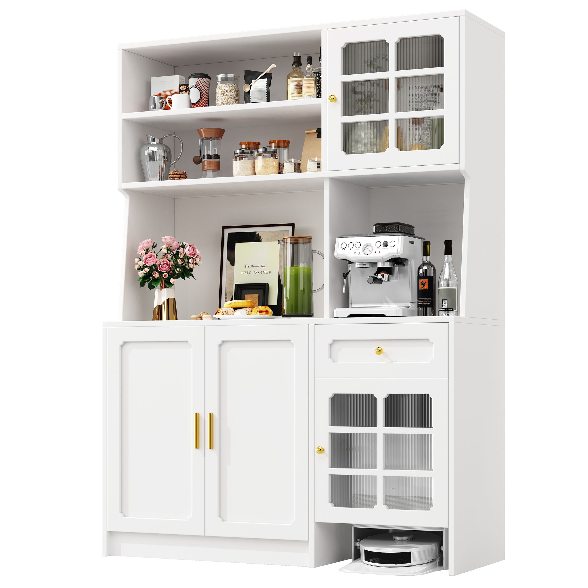 Hoher Küchenschrank Mit Glastüren, Schubladen, Offenen Fächern Und Led Aus Mdf, Weiß, 130 X 45 X 180 Cm