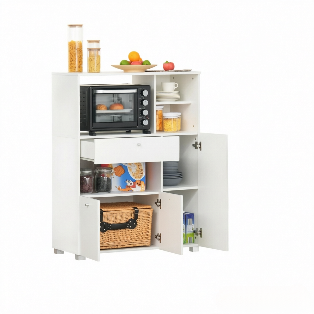 Küchenbuffet Mit 3 Türen, Ausziehschublade Und 4 Fächern, Aus Spanplatte Weiß, 90 X 40 X 120 Cm